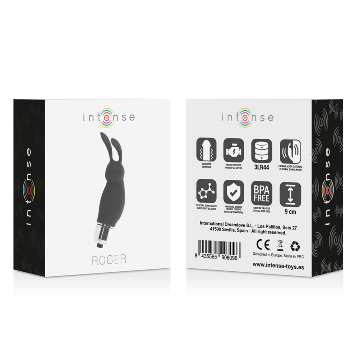Verpackung mit Produktabbildung. Marke Intense. Produktname Roger. 9 cm. BPA-frei.