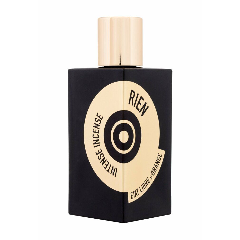 Schwarzer Flakon mit goldenem Verschluss. Aufdruck: INTENSE INCENSE, RIEN, ETAT LIBRE D'ORANGE. Goldfarbenes rundes Logo.