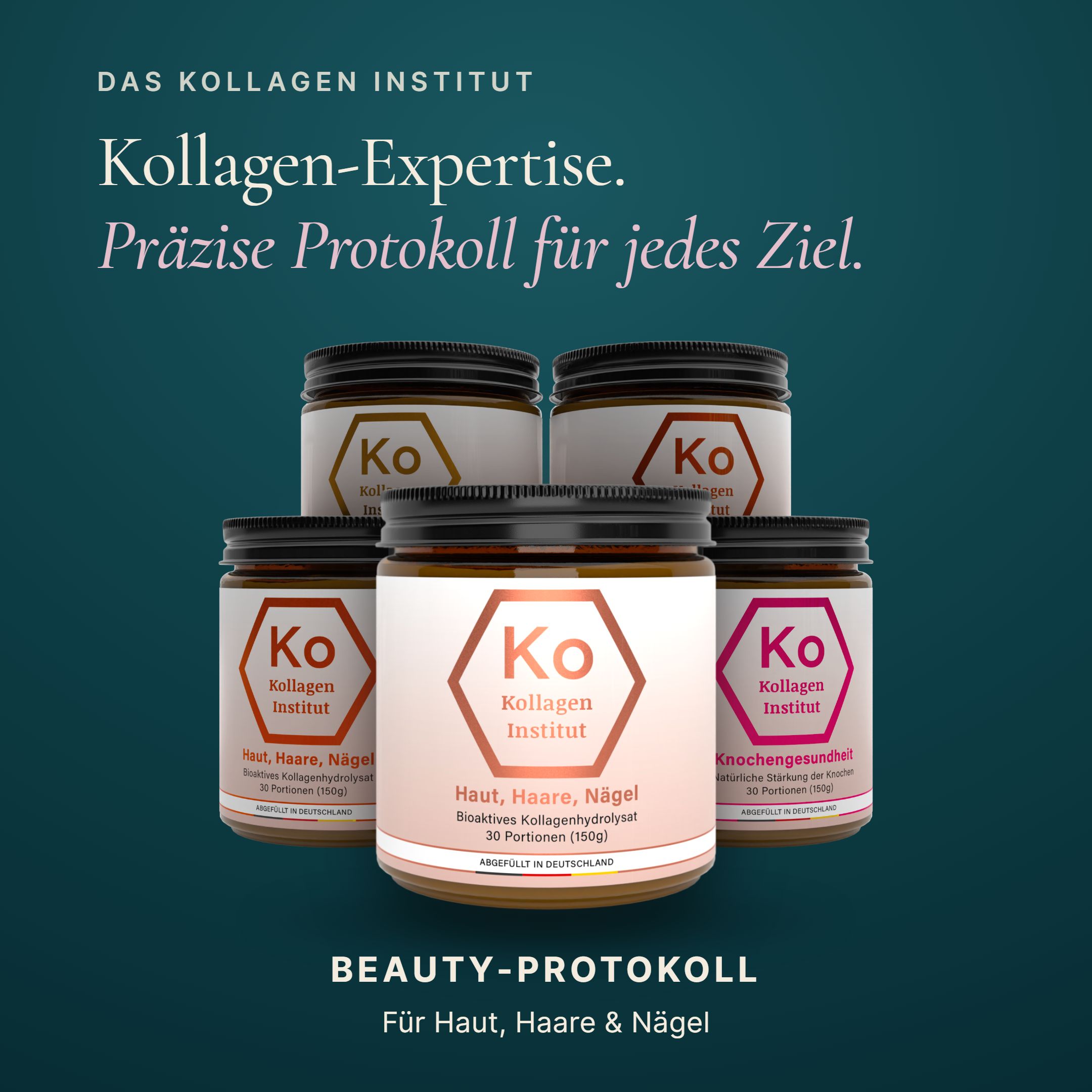 Fünf Gläser Kollagenpulver auf dunklem Hintergrund. Text "Kollagen-Expertise" und "Beauty-Protokoll".
