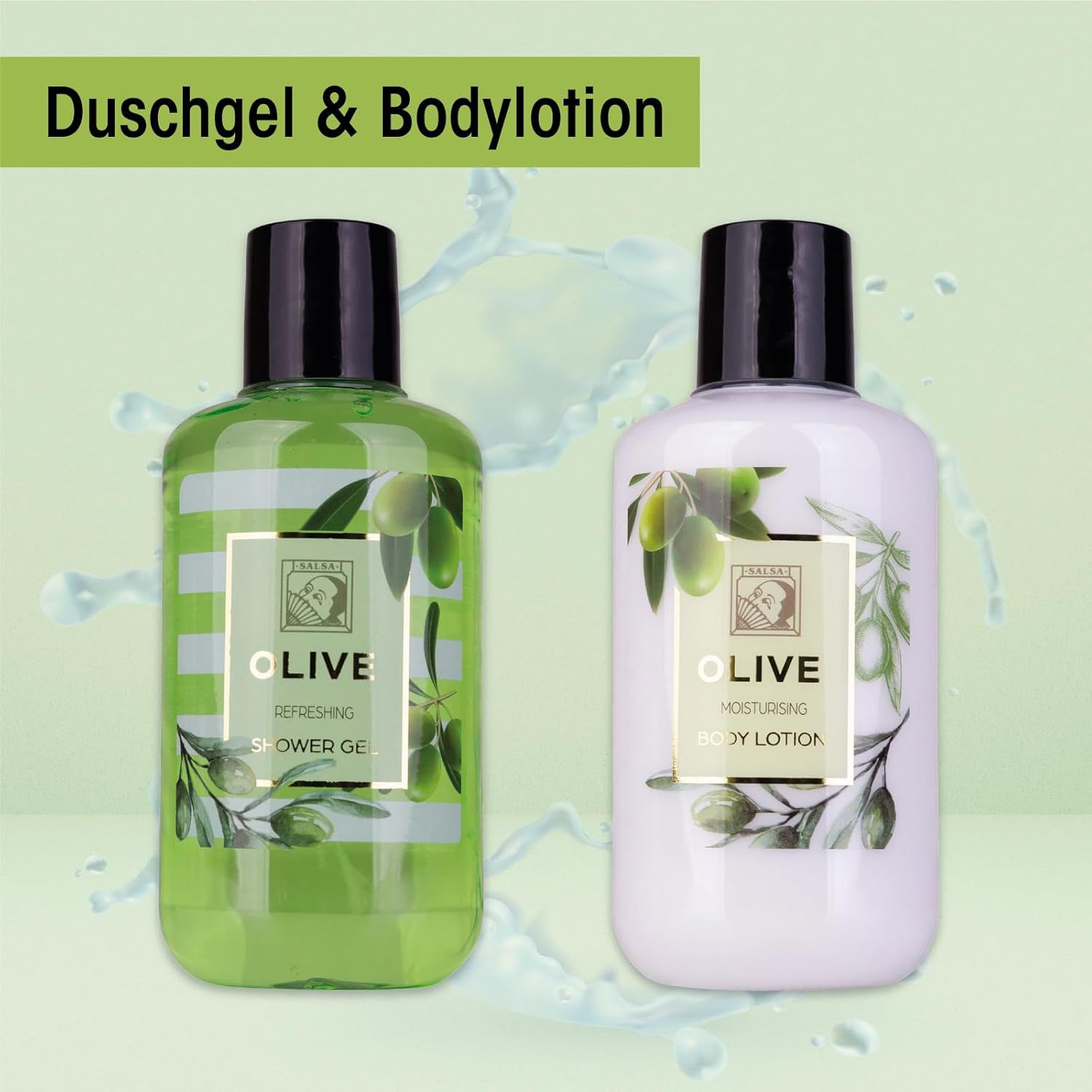Zwei Flaschen Duschgel und Bodylotion. Beide mit Olive-Logo und grüner/weißer Farbgebung. Schwarze Deckel.