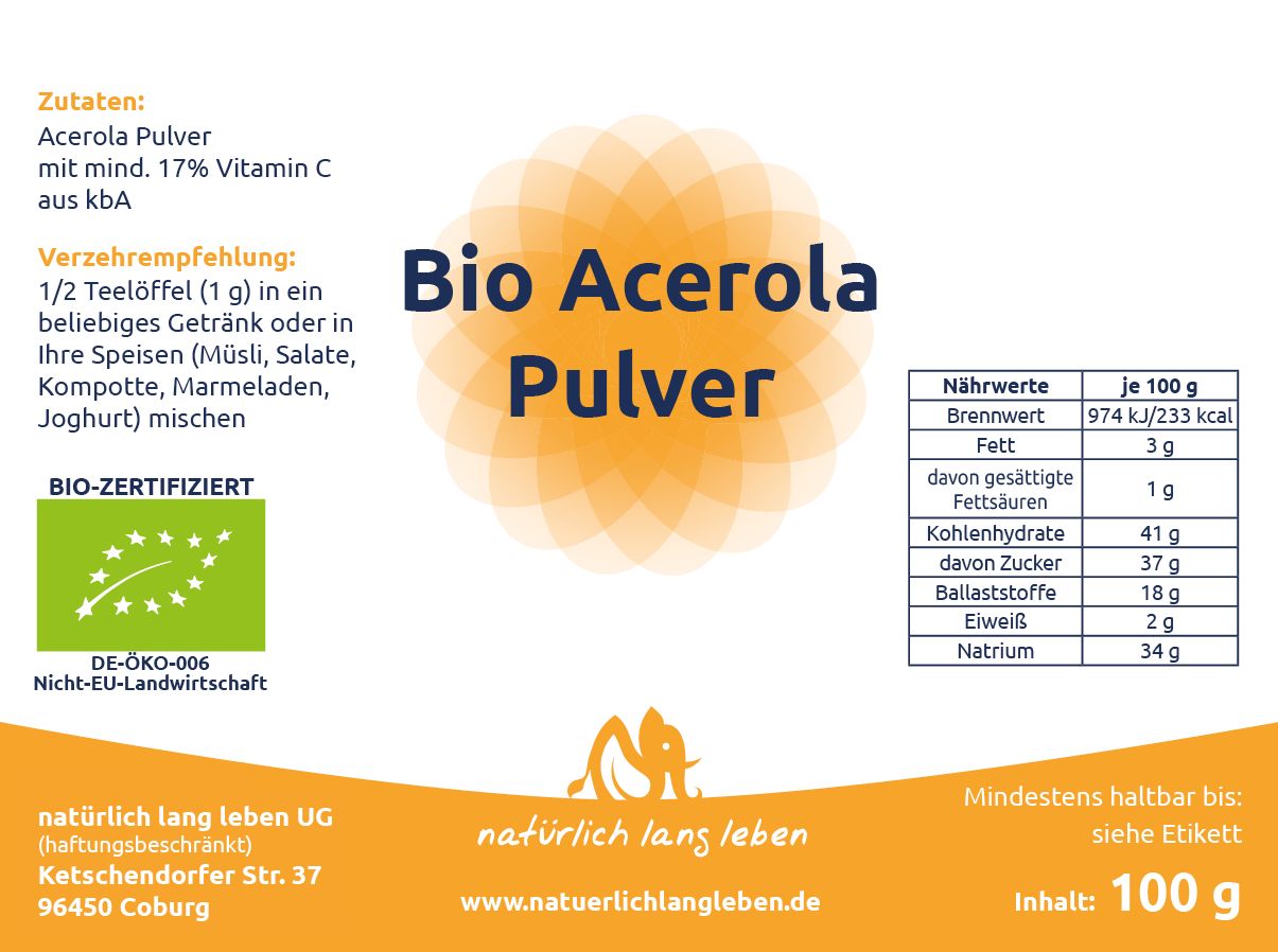 Etikett "BIO Acerola Pulver" mit Nährwerttabelle und Zutaten. Bio-Zertifizierung und Text.