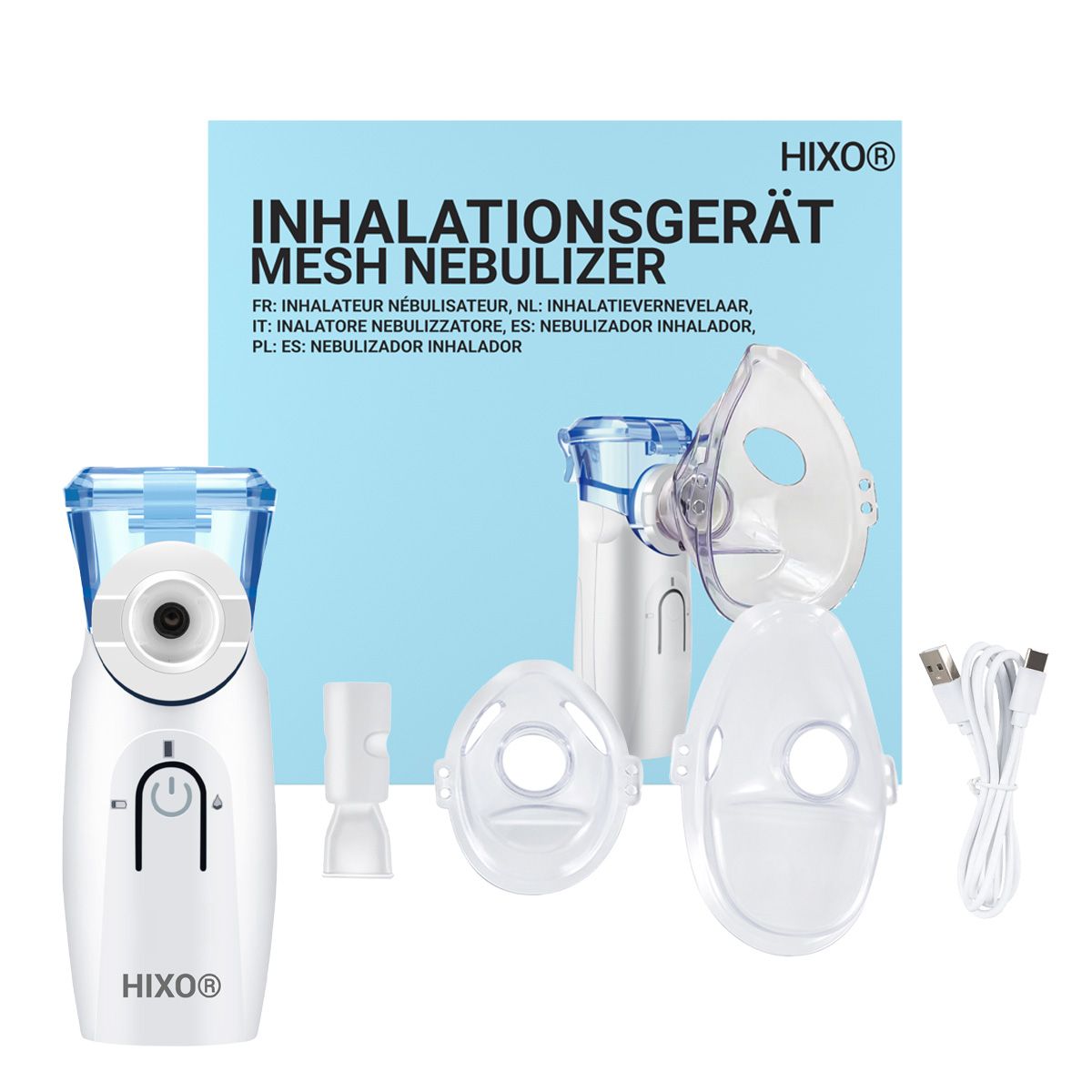 HIXO Inhalator, Masken, Mundstück und USB-Kabel als Set.