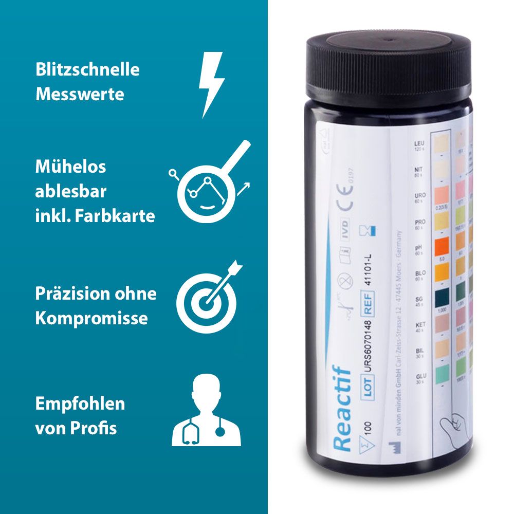 Teststreifen und Verpackung. Aufschrift Reactif, 10SL. Mit Farbskala. CE-Kennzeichnung.