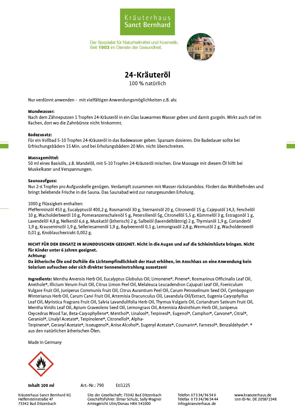 Etikett mit Produktinformationen. Text in Deutsch. Enthält Inhaltsstoffe, Anwendungshinweise und Warnhinweise.