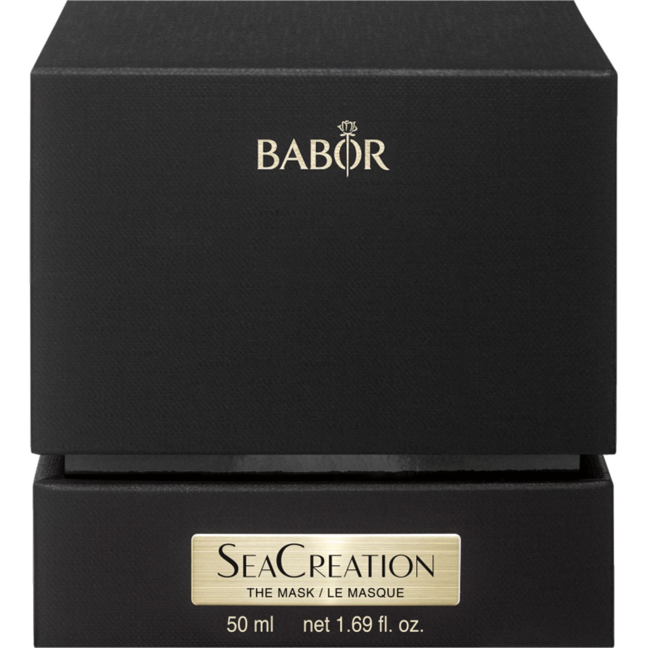 Schwarze Box mit goldfarbenem Logo "BABOR". Aufkleber "SeaCreation THE MASK" und Volumenangabe.
