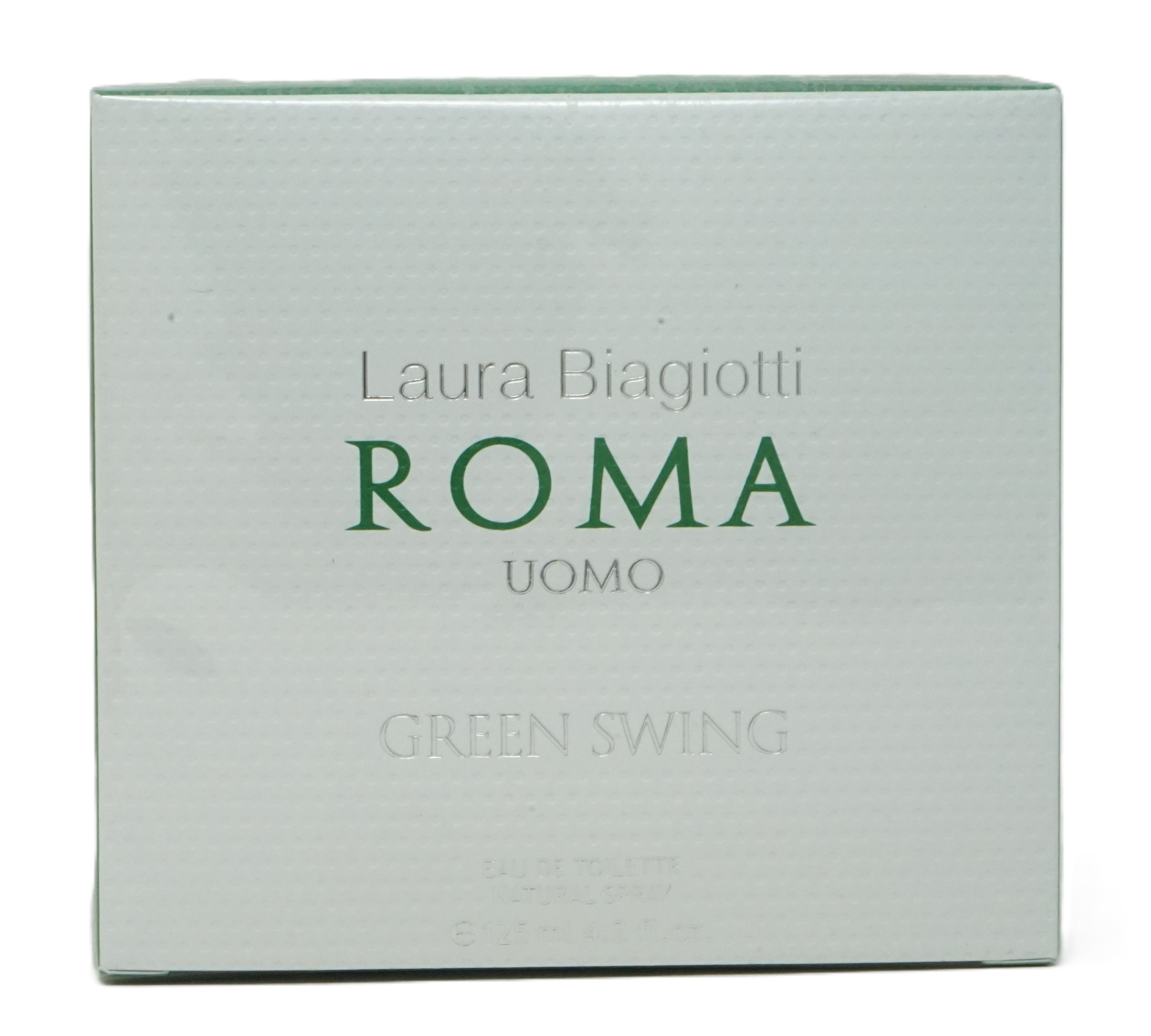 Weiße rechteckige Verpackung. Aufschrift: Laura Biagiotti, ROMA UOMO, GREEN SWING. Text: Eau de Toilette.