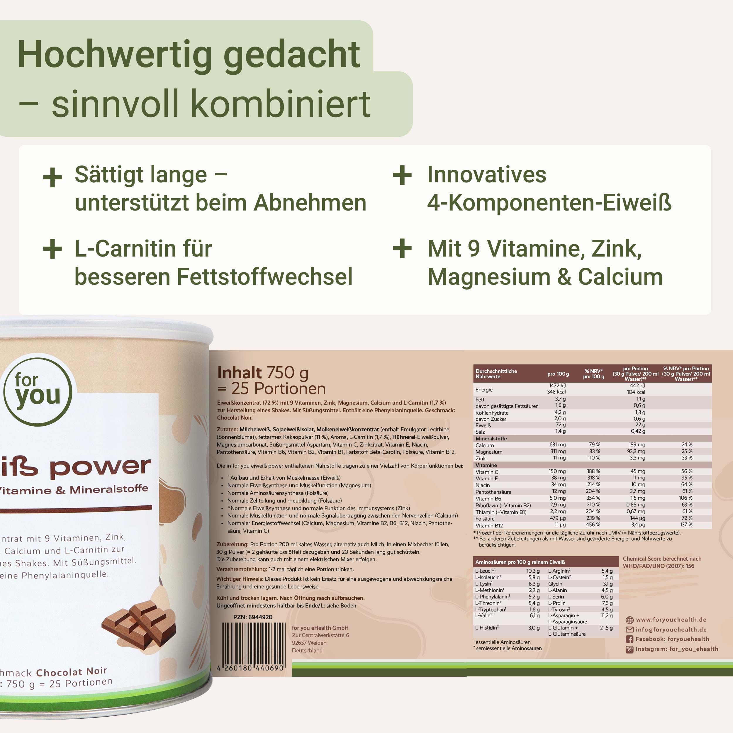 Dose mit Produkt und Text: Inhalt 750g, 25 Portionen. Text: Innovatives 4-Komponenten-Eiweiß, mit 9 Vitaminen, Zink, Magnesium & Calcium.