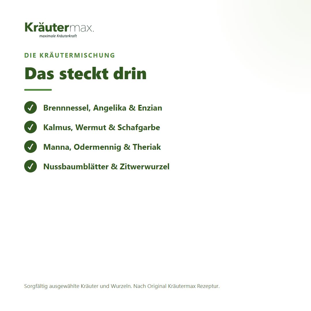 Kräutermax: Auflistung der Kräuter und Wurzeln in der Mischung.