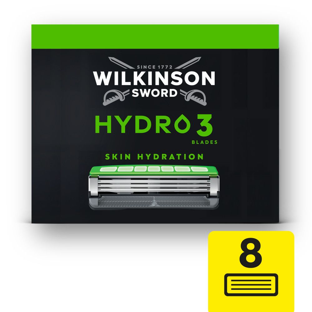 Verpackung eines Wilkinson Sword Rasierers mit 6 Klingen, Rückseite mit Produktinformationen.