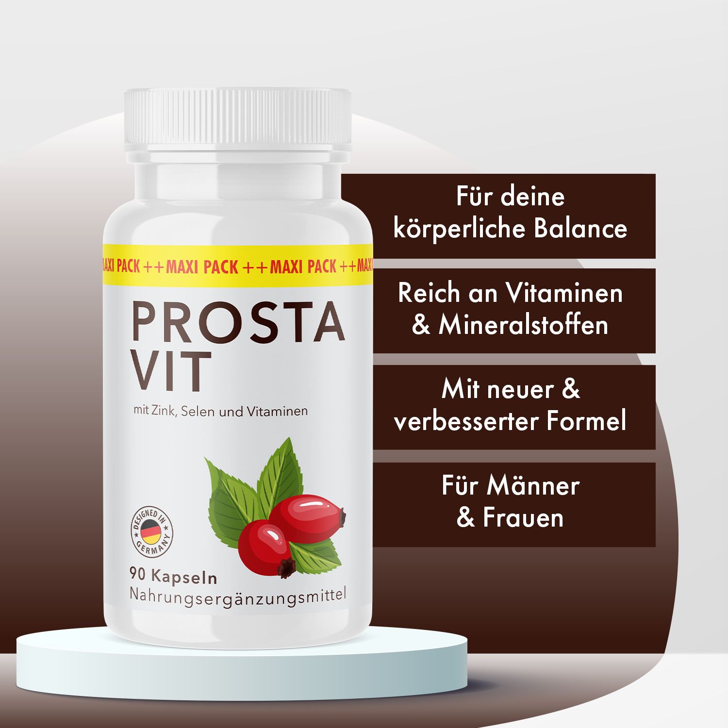 Weiße Flasche mit Kapseln. Aufschrift: PROSTA VIT. Text: Für deine körperliche Balance, Reich an Vitaminen & Mineralstoffen, Mit neuer & verbesserter Formel.