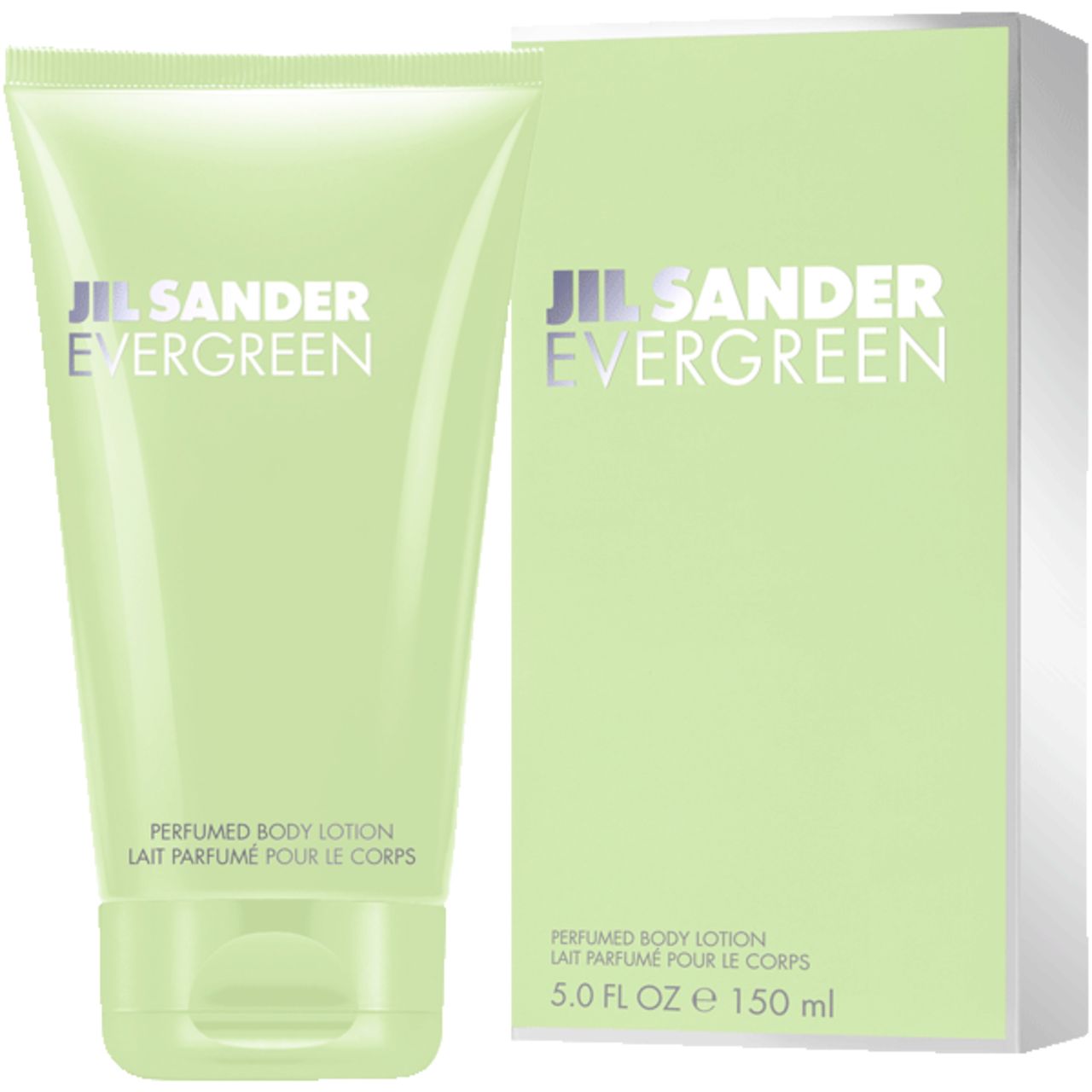 Hellgrüne Tube und Schachtel. Text: Jil Sander Evergreen, Perfumed Body Lotion. 5.0 FL OZ e 150 ml. Weißer Hintergrund.