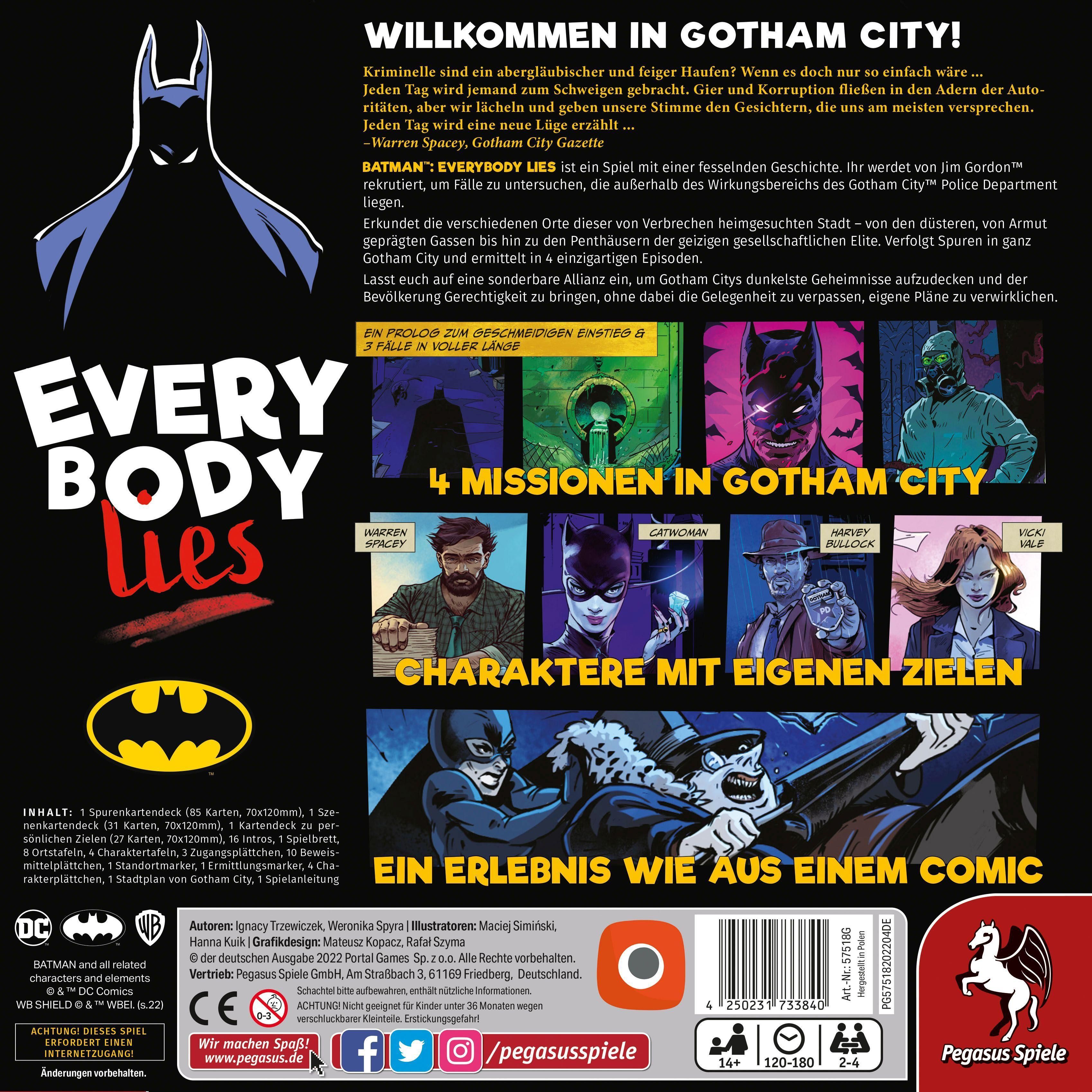 Rückseite der Spielbox Batman - Everybody Lies. Batman-Logo, Titel, Text, Illustrationen von Charakteren und Missionen. Logos DC und Pegasus Spiele.
