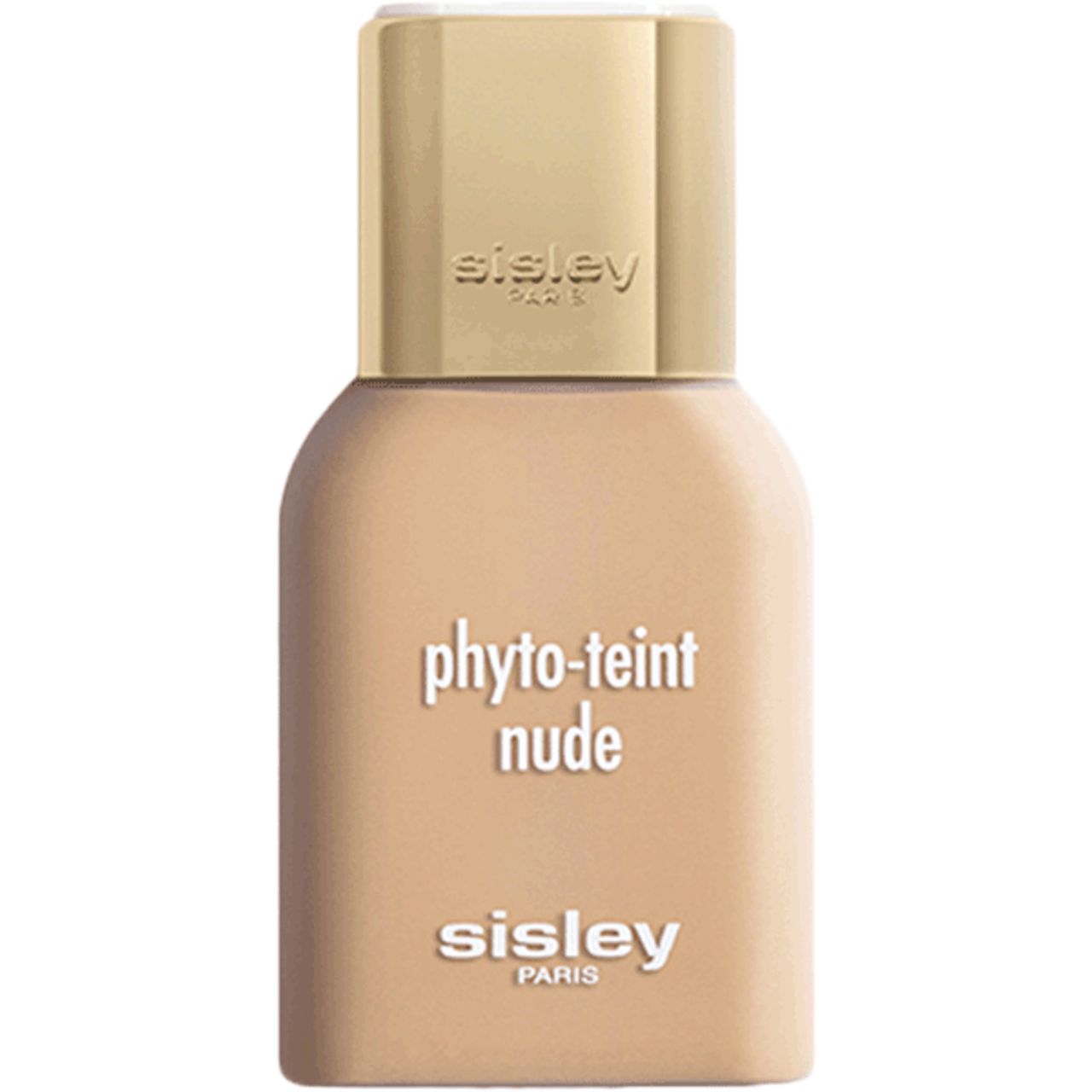 Beige Flasche mit goldfarbenem Deckel. Aufschrift: Sisley Paris, Phyto-Teint Nude.