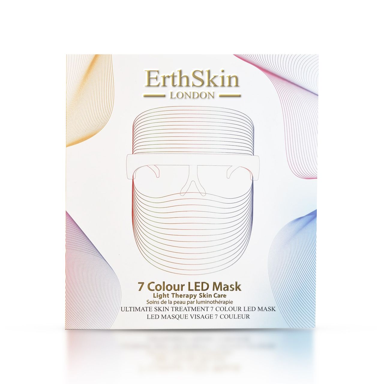 Quadratische Verpackung mit LED-Maske. Aufschrift: ErthSkin London, 7 Colour LED Mask. Abbildung der Maske.