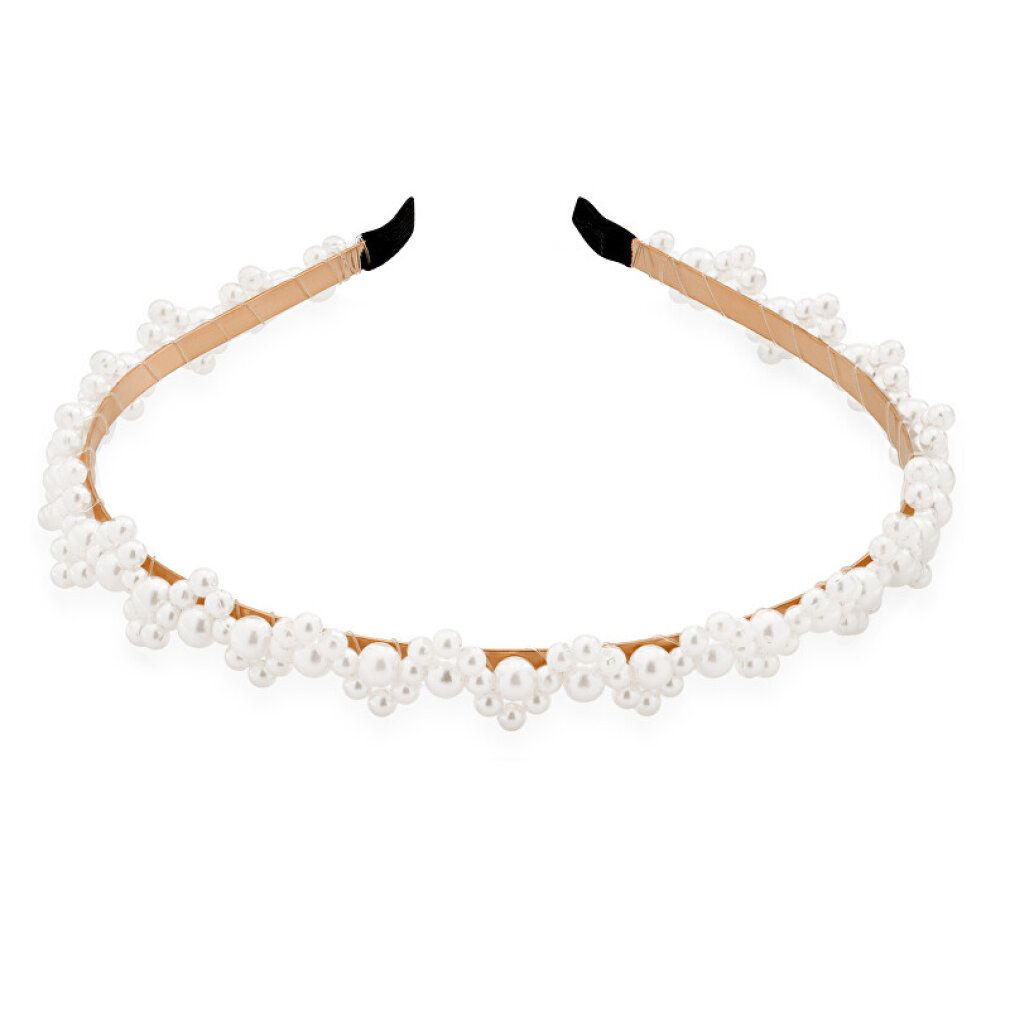 Haarband mit cremefarbenen Perlenblüten. Beige Innenseite, schwarze Enden. Auf weißem Hintergrund.