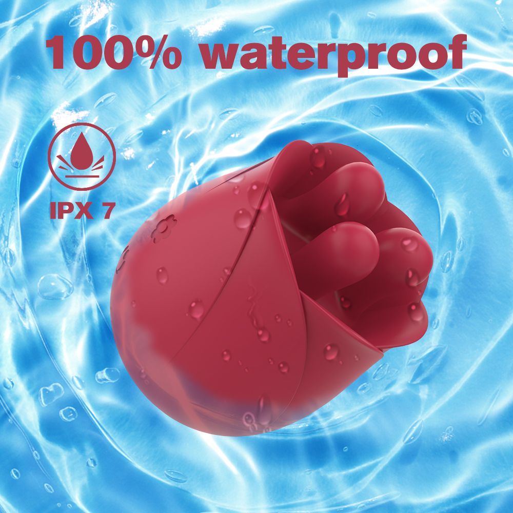 Roter Vibrator in Blütenform. Text: 100% wasserdicht, IPX 7. Das Produkt ist in Wasser abgebildet.