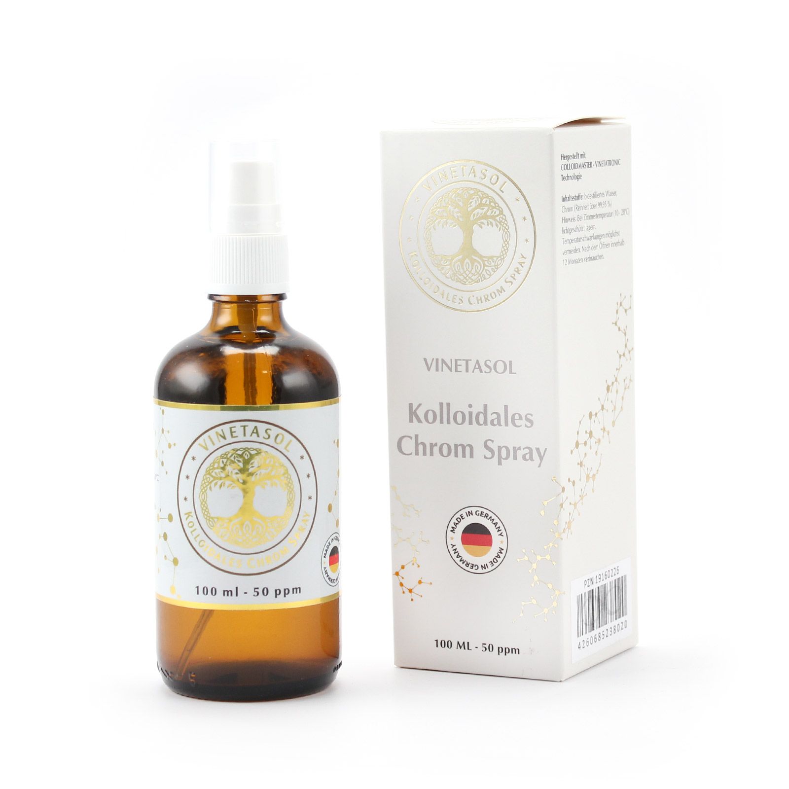 Braune Glasflasche und Karton mit Aufschrift VINETASOL Kolloidales Chrom Spray. Made in Germany. 100 ml - 50 ppm.