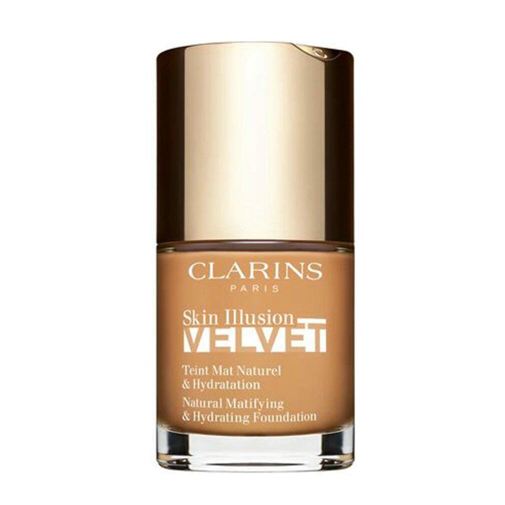 Clarins Skin Illusion Velvet Foundation. Flasche mit goldfarbenem Deckel. Text: Natural Matifying & Hydrating Foundation.