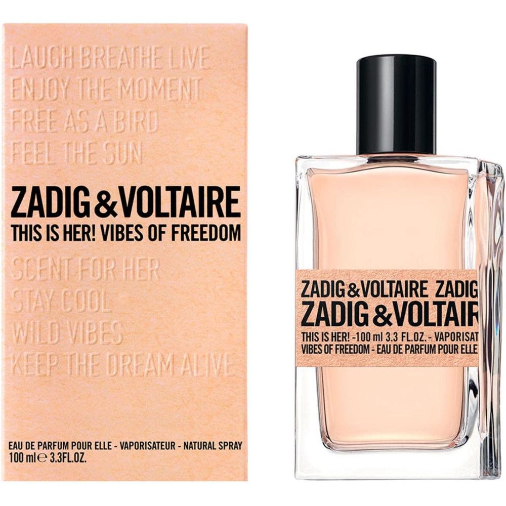 Zadig & Voltaire, This is Her! Vibes of Freedom EdP Nat. Spray. Flakon und Verpackung. Text auf Verpackung.