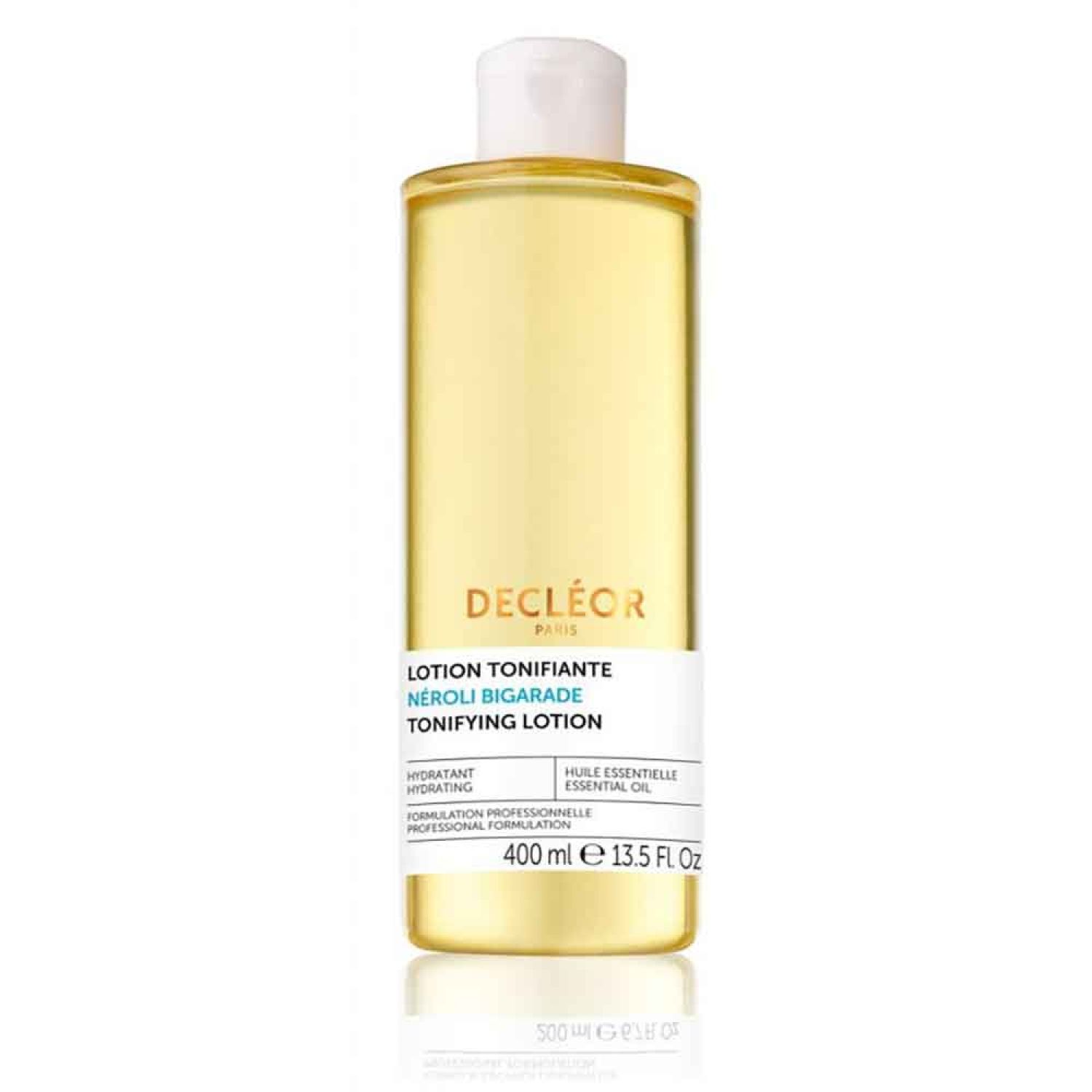 Zylindrische Flasche mit gelber Flüssigkeit. Weißer Deckel und Etikett mit Text: DECLEOR PARIS, LOTION TONIFIANTE, 400 ml.