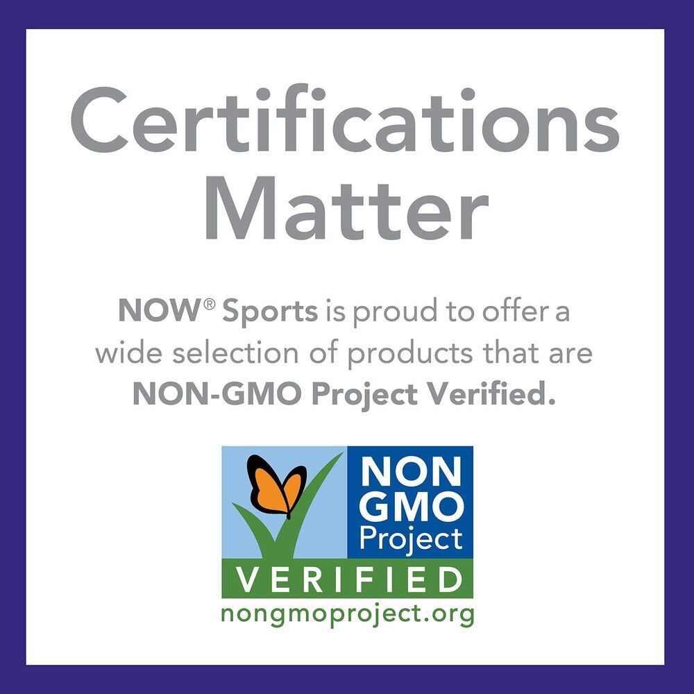 Quadrat mit Text: Certifications Matter. Logo: NON GMO Project VERIFIED. Text: NOW® Sports bietet NON-GMO Produkte.