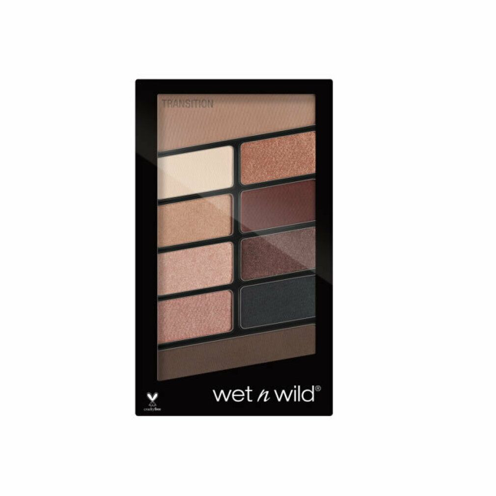 Palette mit 10 Lidschattenfarben. Schwarze Verpackung mit Produktnamen und Cruelty-Free-Logo. Verschiedene Brauntöne.