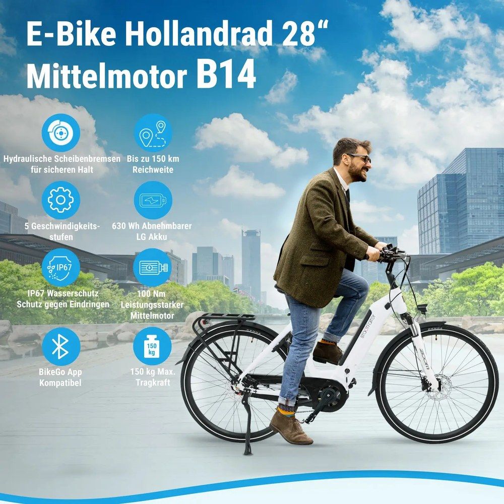 E-Bike Hollandrad 28 Zoll mit Mittelmotor B14, hydraulische Scheibenbremsen.