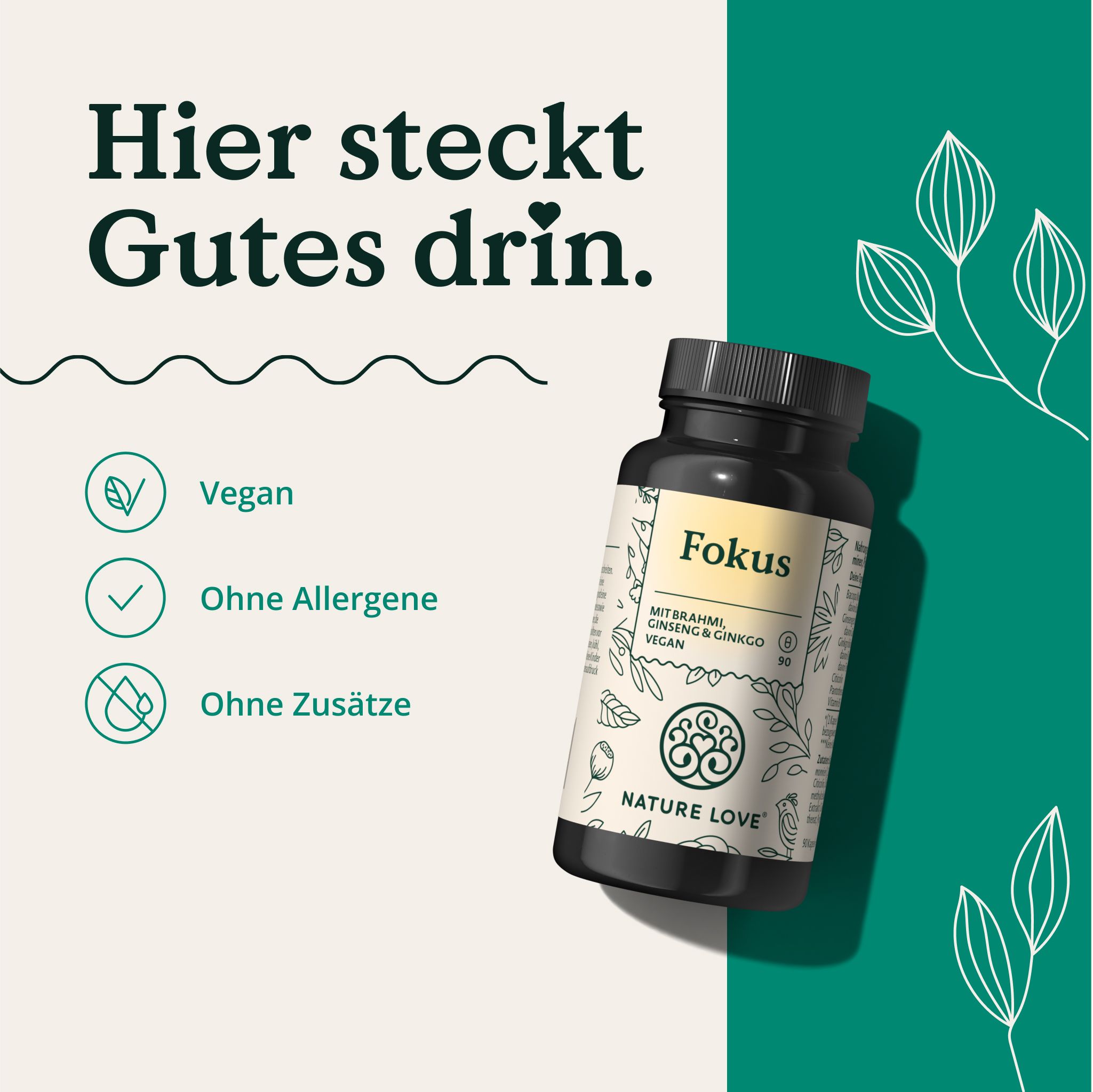 NATURE LOVE® Fokus – 90 Kapseln – mit Ginseng, Ginkgo Biloba, Brahmi & Cholin