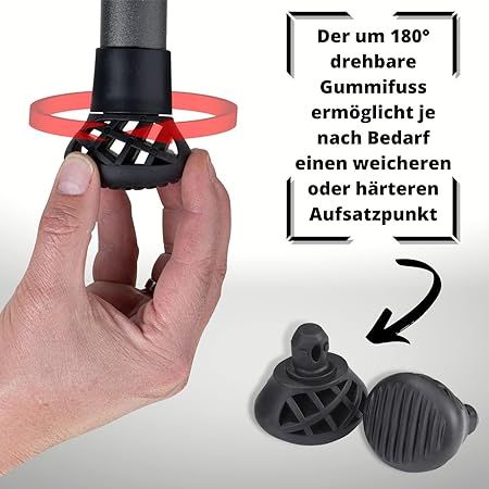 Nahaufnahme des Gummifußes. Text: Der um 180° drehbare Gummifuß ermöglicht je nach Bedarf einen weicheren oder härteren Aufsatzpunkt.