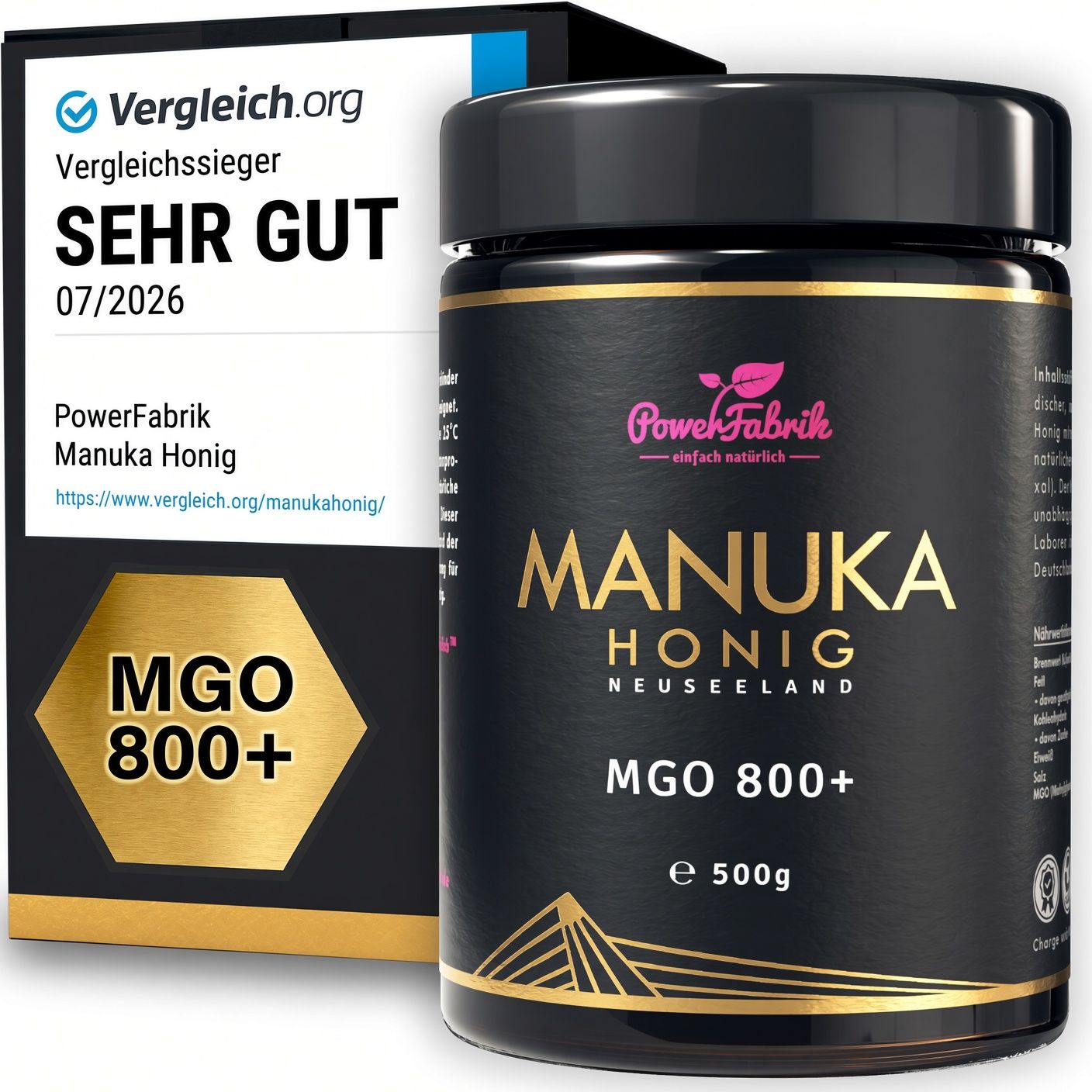 PowerFabrik Manuka Honig MGO 800+ in schwarzer Dose, daneben eine Verpackung mit Siegel.