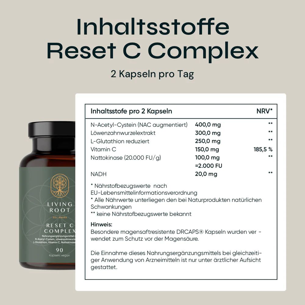 Braune Glasflasche mit schwarzem Deckel. Etikett mit Produktnamen und Inhaltsstoffen. Tabelle mit Inhaltsstoffen pro 2 Kapseln.