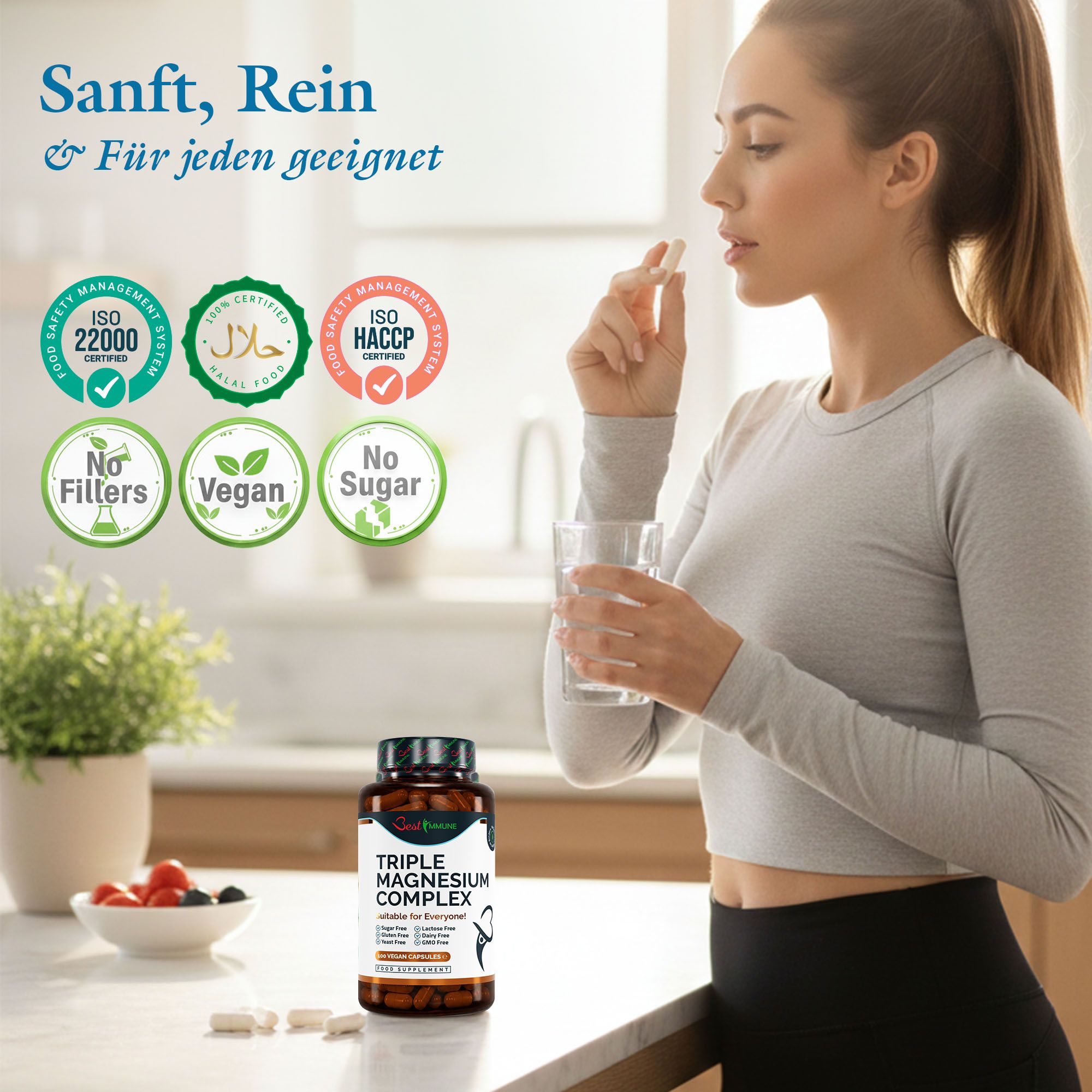 Frau nimmt eine Kapsel Triple Magnesium Complex ein. Flasche und Siegel auf dem Tisch. ISO 22000, Halal, HACCP, Vegan, No Sugar.