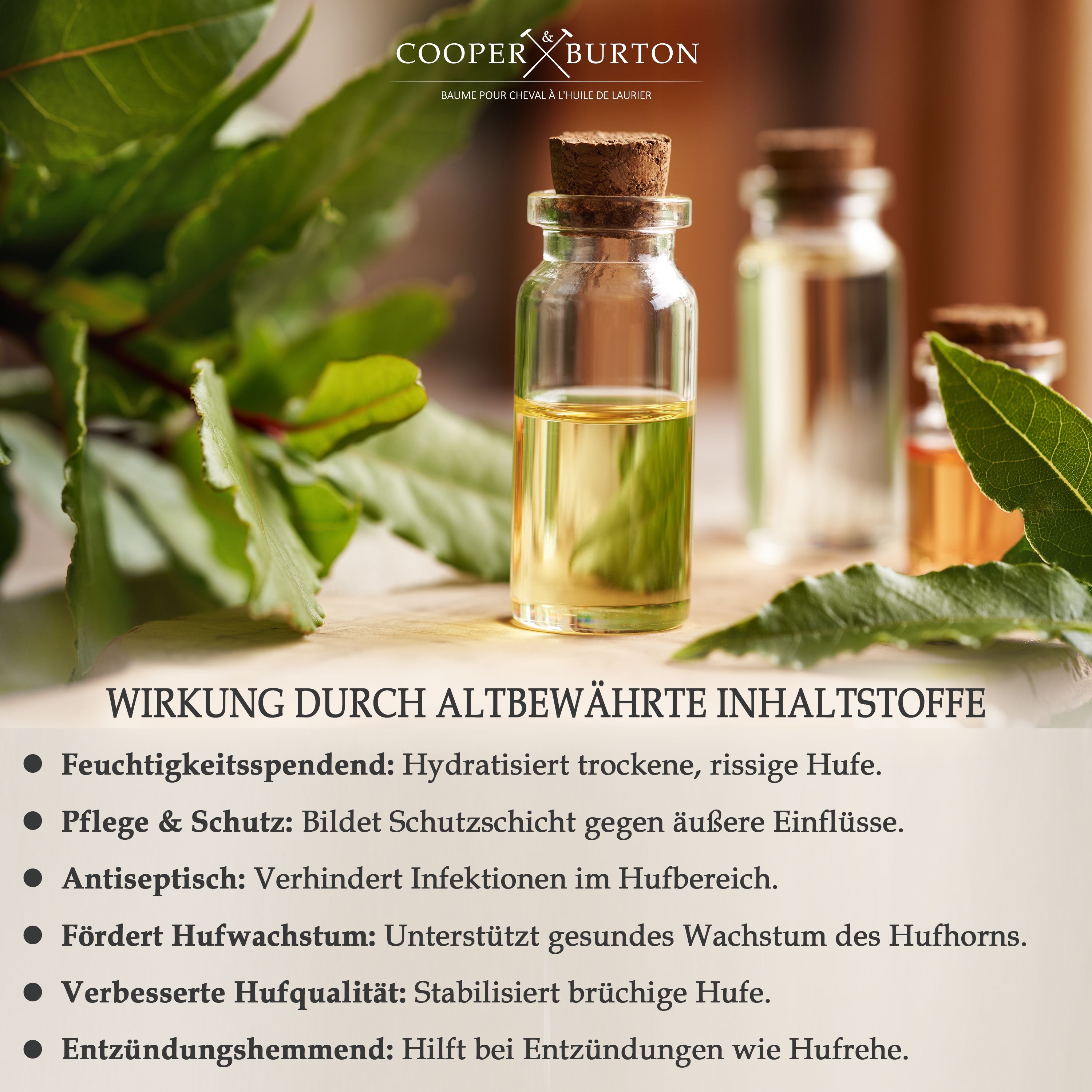 Glasflaschen mit Flüssigkeit. Blätter. Wirkstoffe. Logo: COOPER & BURTON.