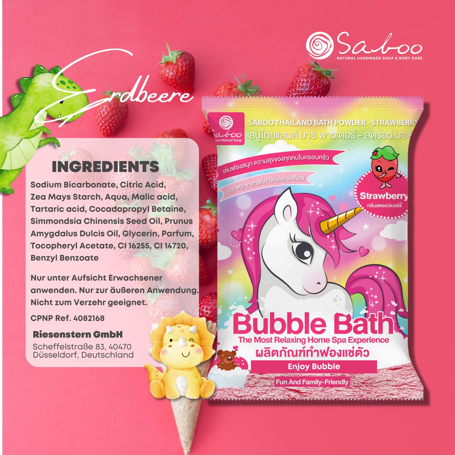 Produktbeutel mit Erdbeer-Illustration und Text: Bubble Bath. Zutatenliste. Logo: Saboo. Text: Nur für Erwachsene.