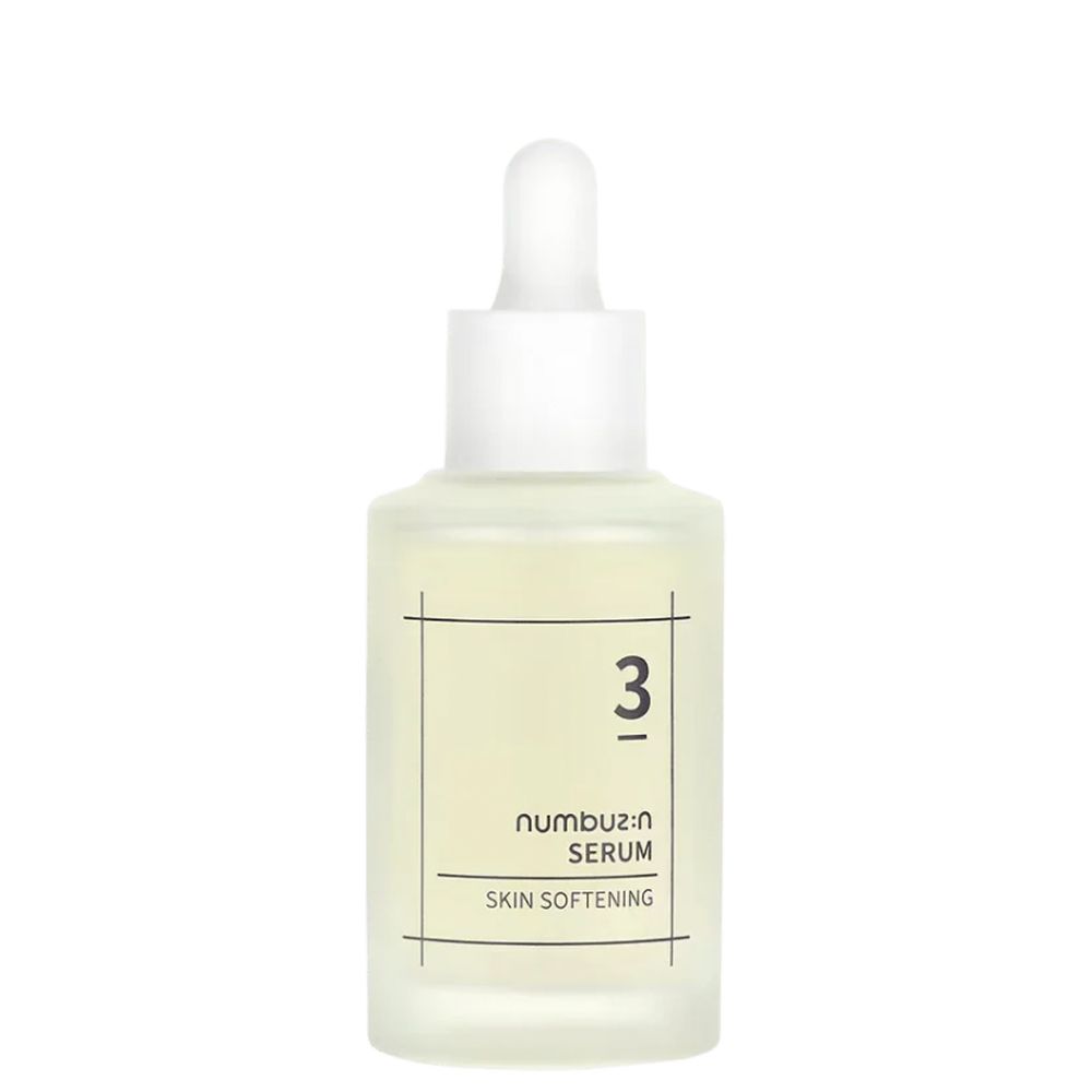 NUMBUZIN No.3 Skin Softening Serum in Glasflasche mit Pipette. Klare Flüssigkeit.