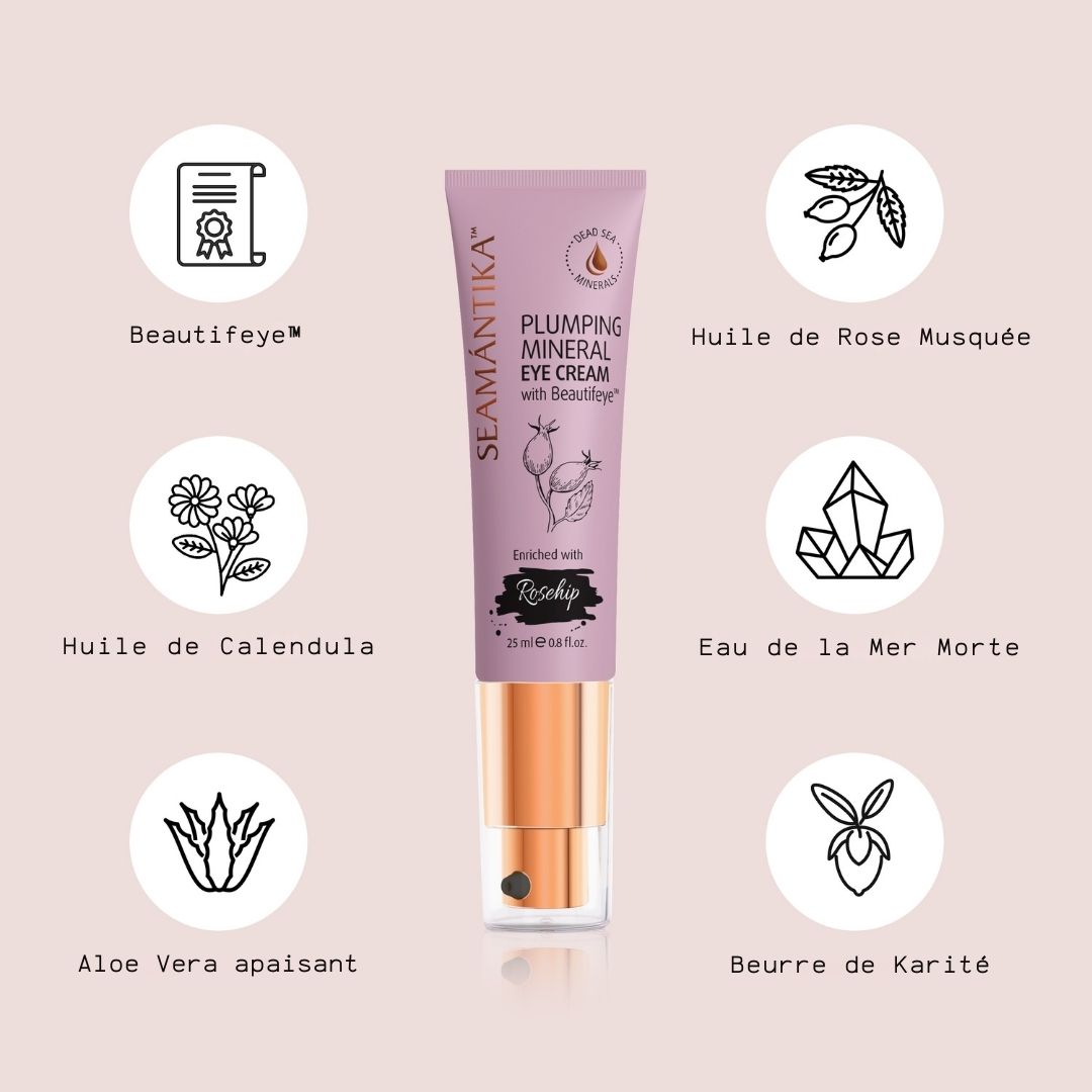 Tube rose de crème pour les yeux. Inscription : SEAMANTIKA, Plumping Mineral Eye Cream. Avec Rosehip et Beautifeye. Icônes : Rose musquée, Calendula, Aloe Vera.