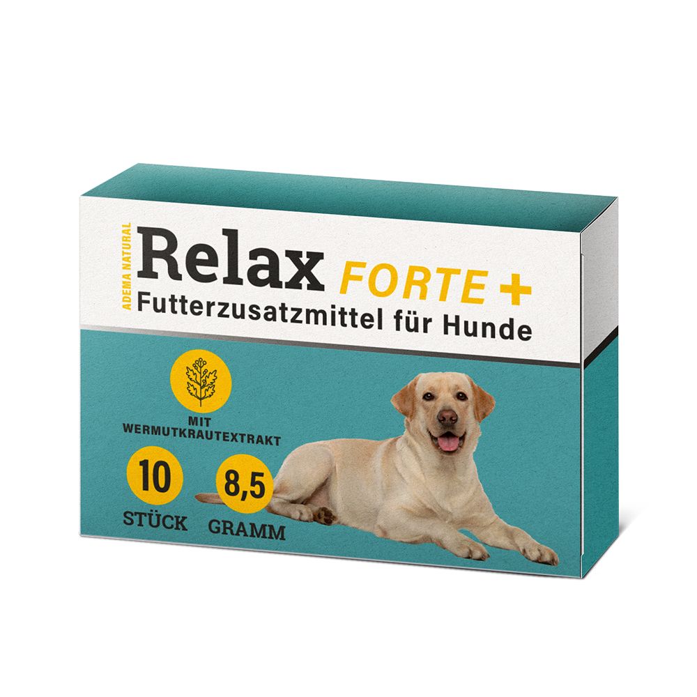 Karton mit "Relax Forte +" für Hunde. Enthält 10 Tabletten, 8,5 Gramm. Abbildung eines Hundes.