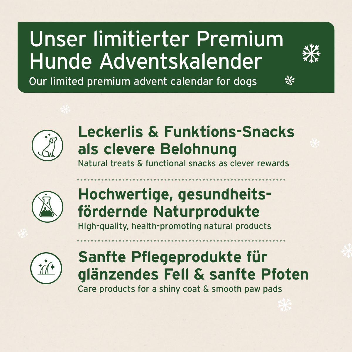 Text auf grünem Hintergrund: "Unser limitierter Premium Hunde Adventskalender". Informationen zu Leckerlis, Naturprodukten und Pflegeprodukten.