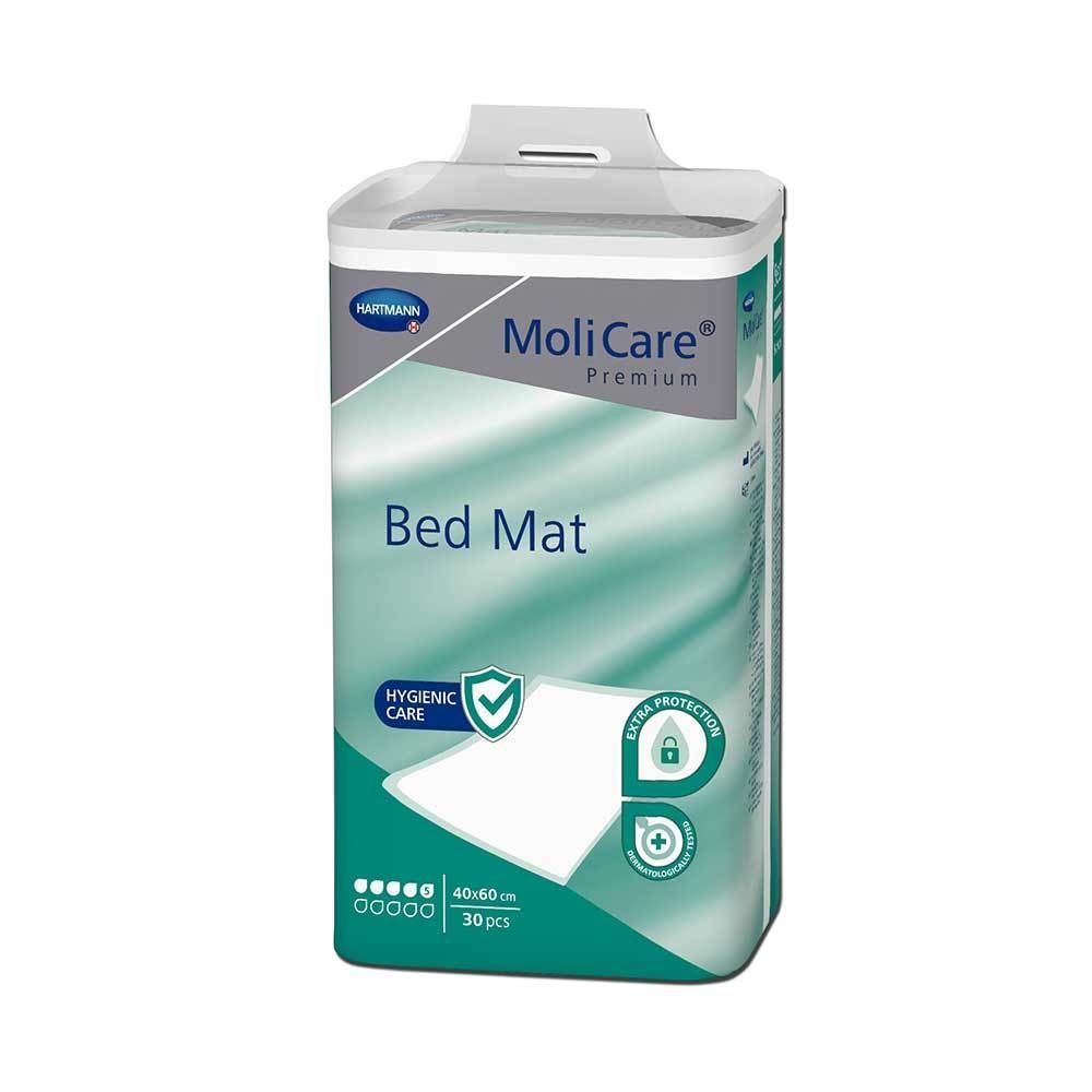 Molicare® Premium Bed Mat Packung. Hygieneschutz, 40x60cm, 30 Stück. Hartmann Logo. Tropfen-Symbol.