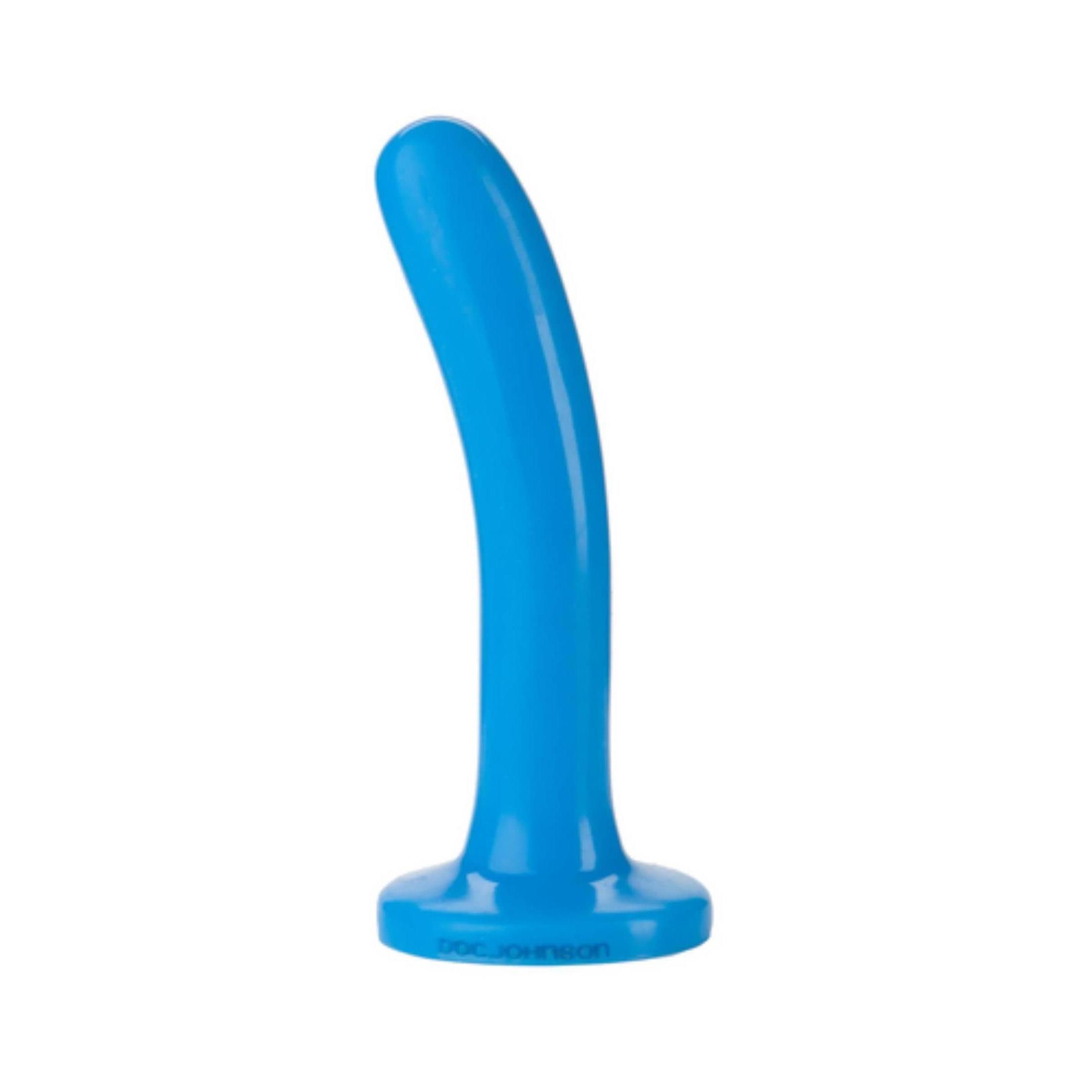 Blauer Dildo mit gebogener Form und breiter Basis. Produktname: The Slim.