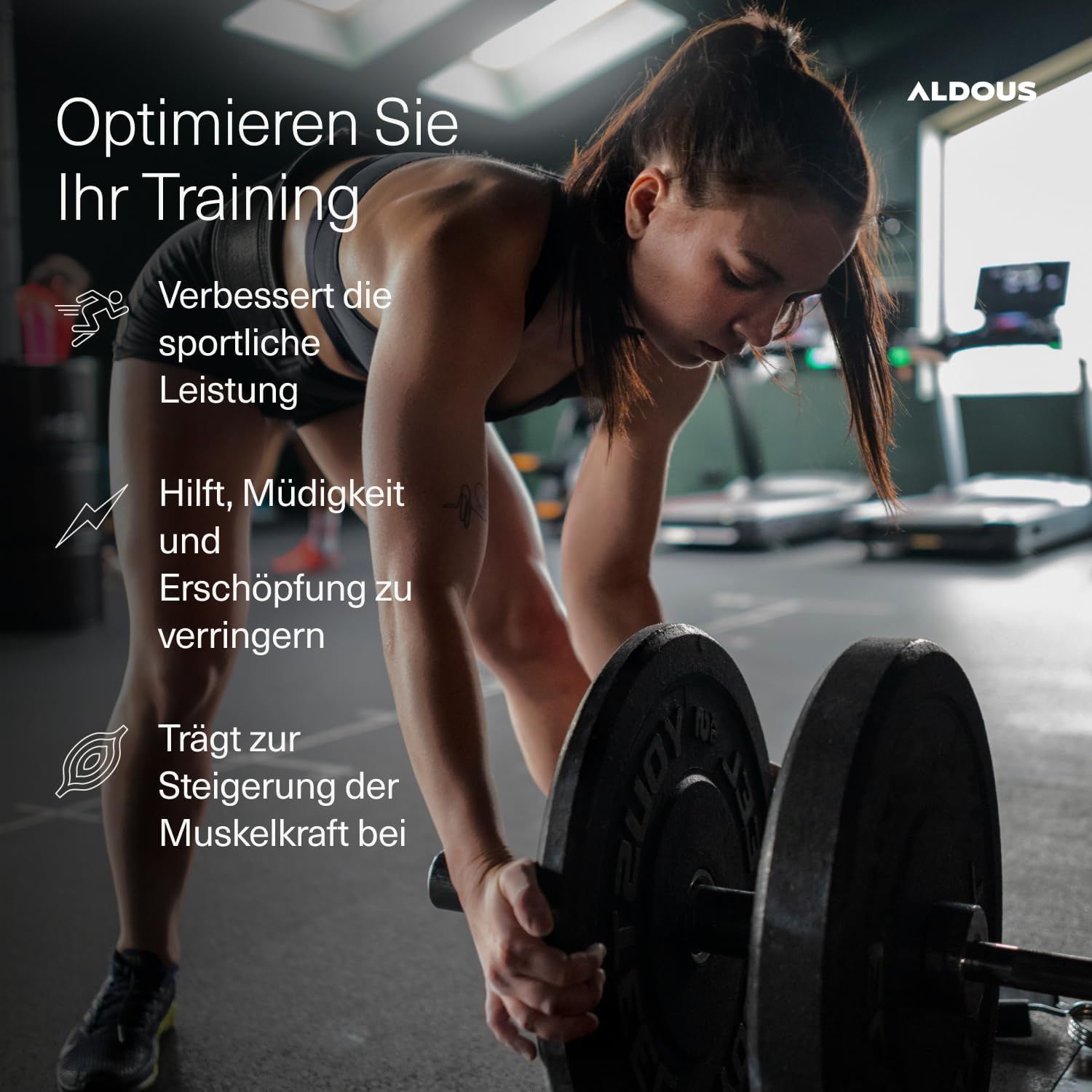 Frau optimiert Training mit Aldous Creatin Monohydrat Tabletten. Verbessert sportliche Leistung, verringert Müdigkeit.