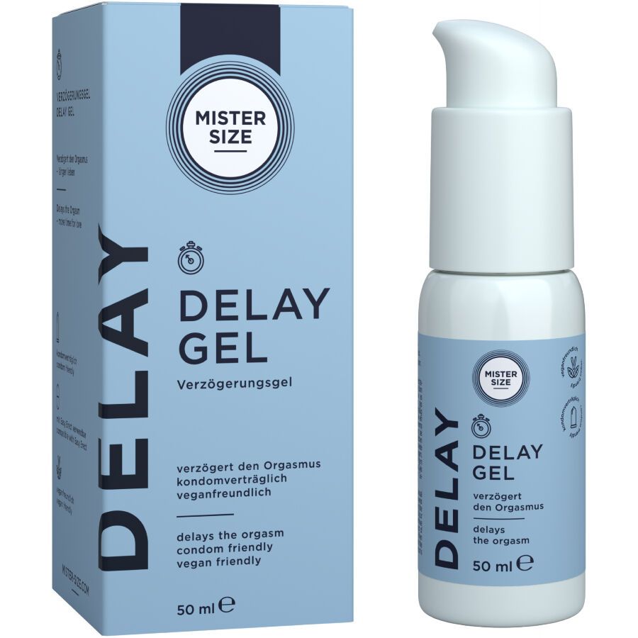 Produktverpackung und Flasche Mister Size Delay Gel. Verzögert den Orgasmus. Vegan. 50 ml.