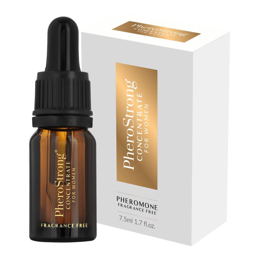 Braune Glasflasche mit Tropfer und Verpackung. Aufschrift: PheroStrong Concentrate for Women, Fragrance Free, Pheromone.