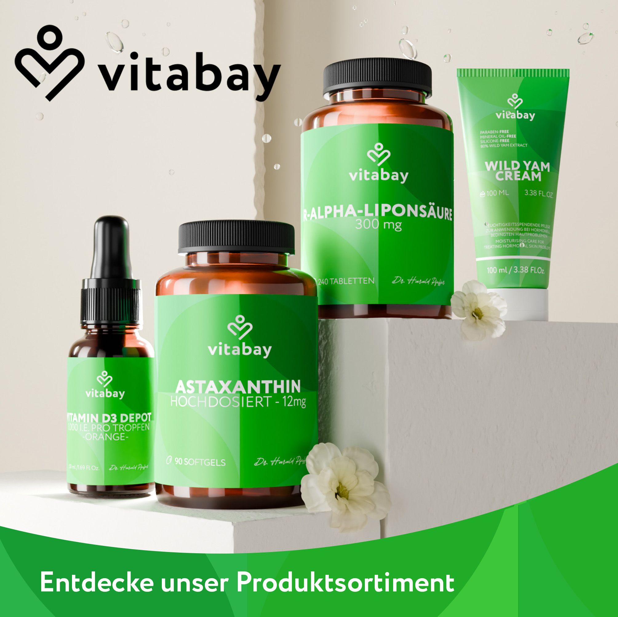 Vitabay Produkte: Astaxanthin, Alpha-Liponsäure, Vitamin D3 Tropfen, Wild Yam Cream.