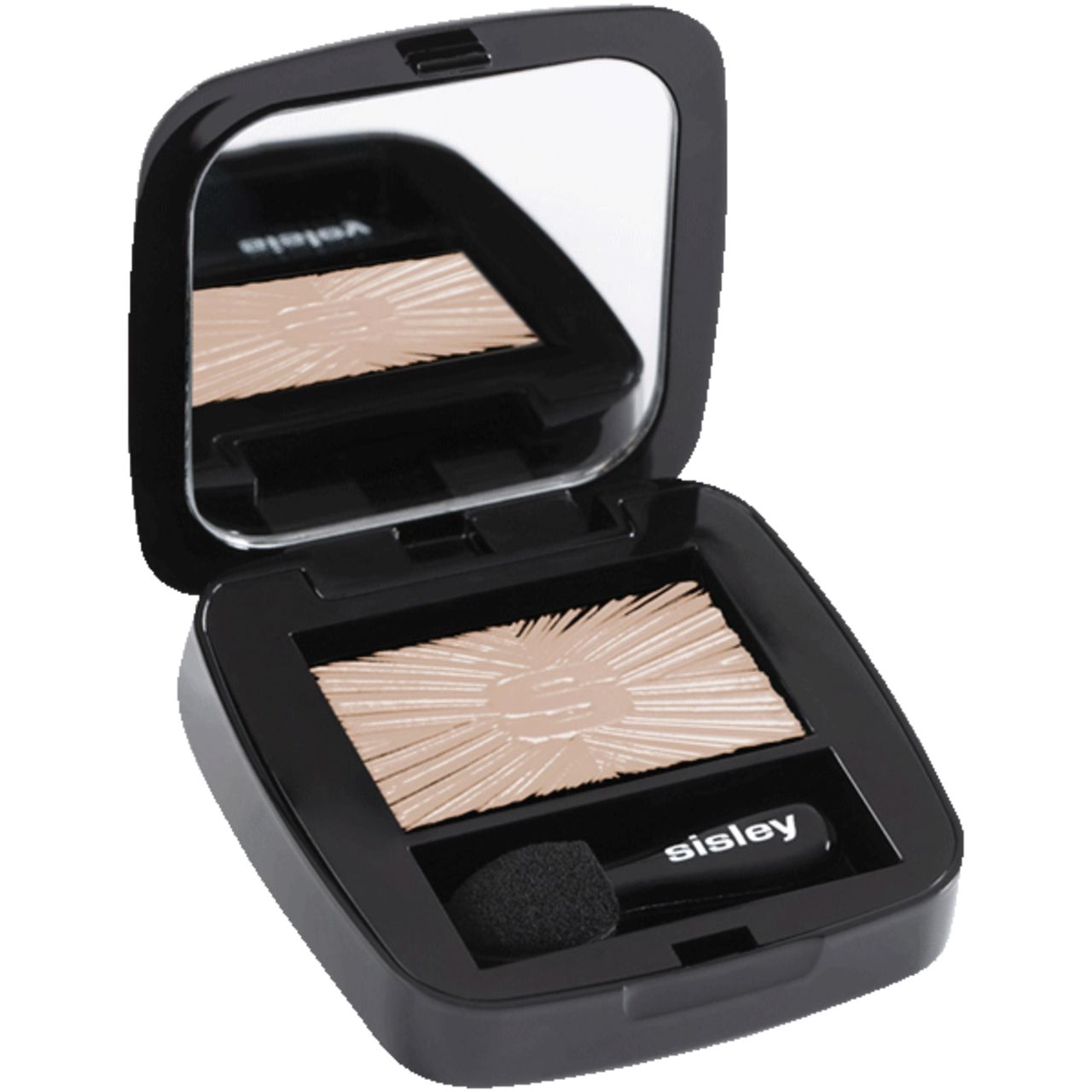 Schwarzer Kosmetikkasten mit Spiegel, Lidschatten und Applikator. Marke: Sisley.