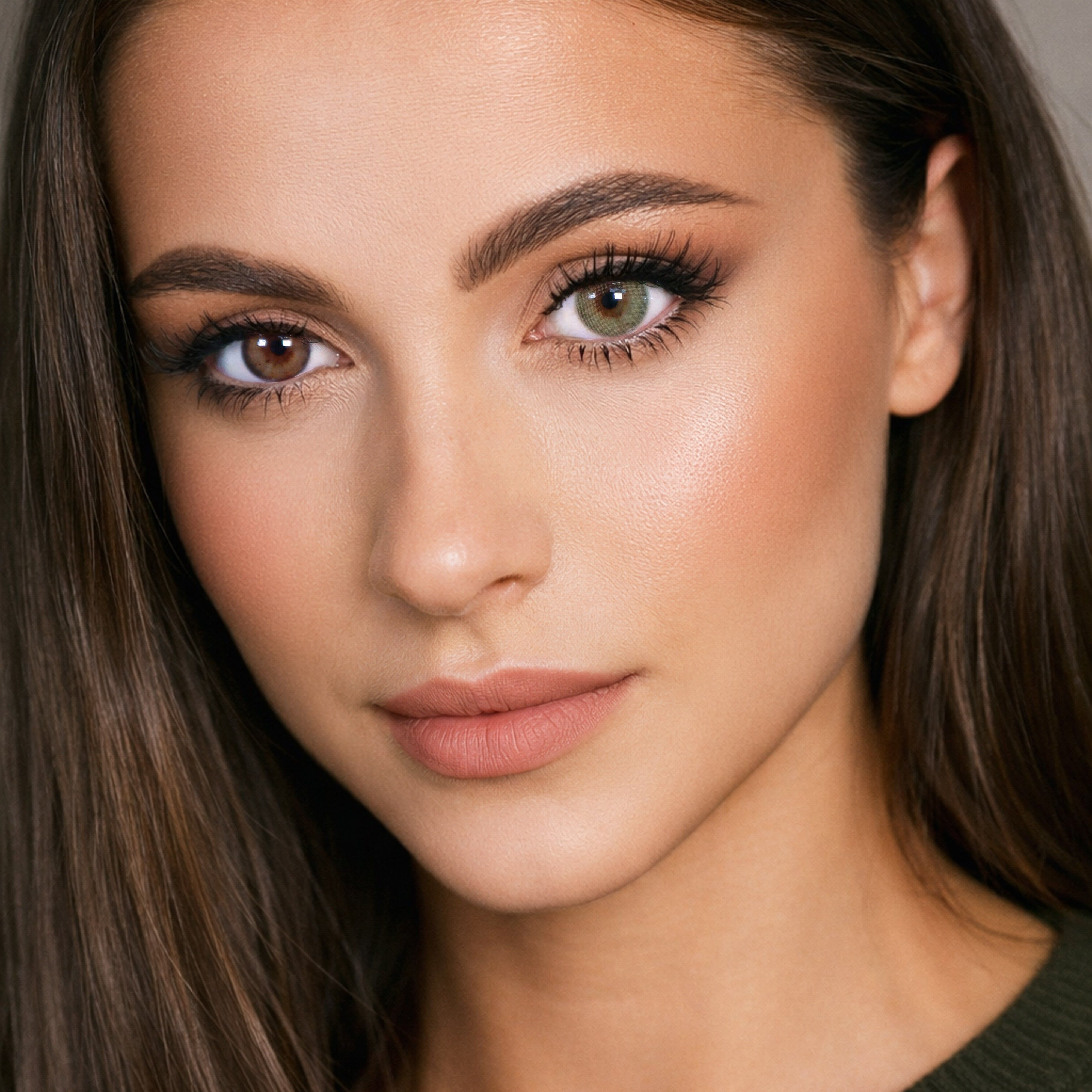 Porträt einer Frau mit zwei verschiedenfarbigen Augen. Ein Auge braun, das andere grün. Schminke.