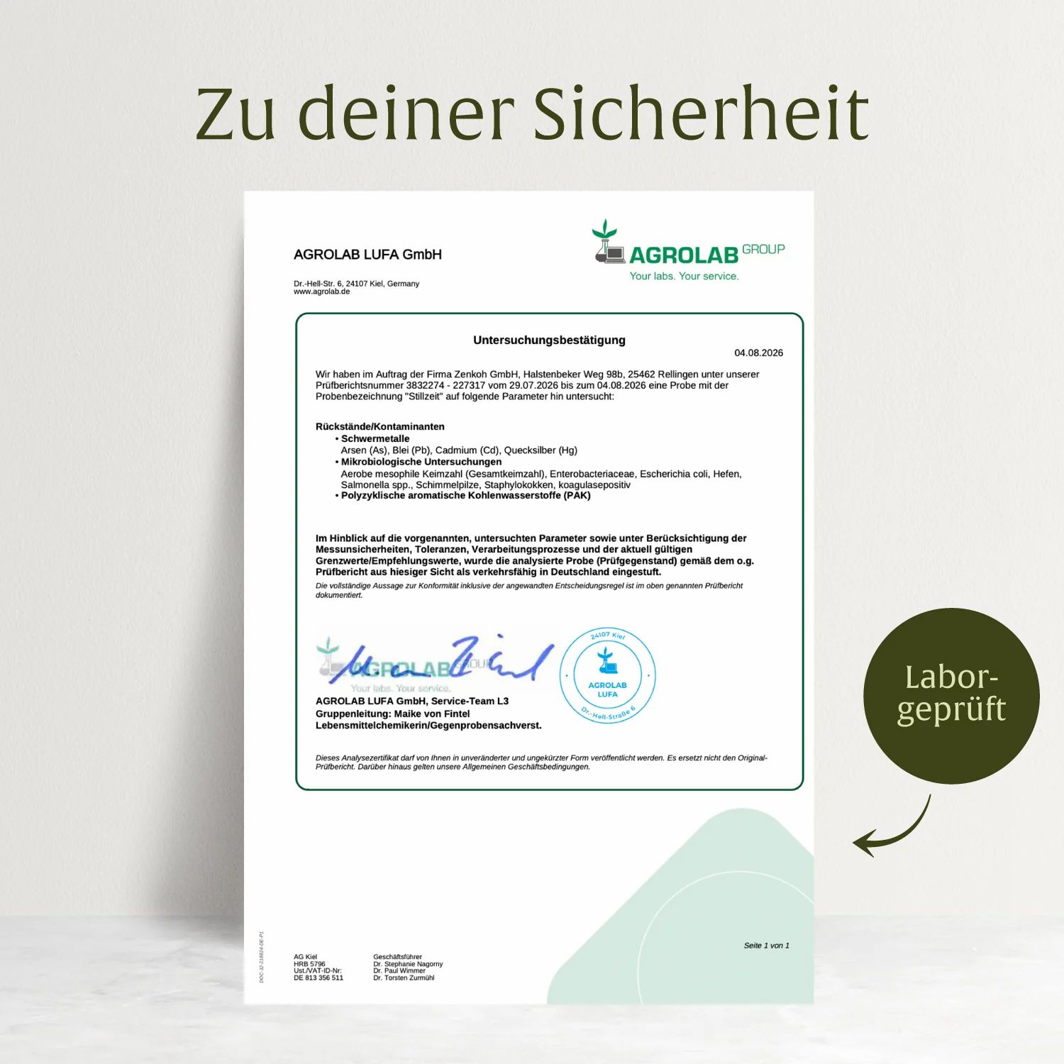 Untersuchungsbestätigung von AGROLAB LUFA GmbH mit Testergebnissen für Schwermetalle und mikrobiologische Untersuchungen.