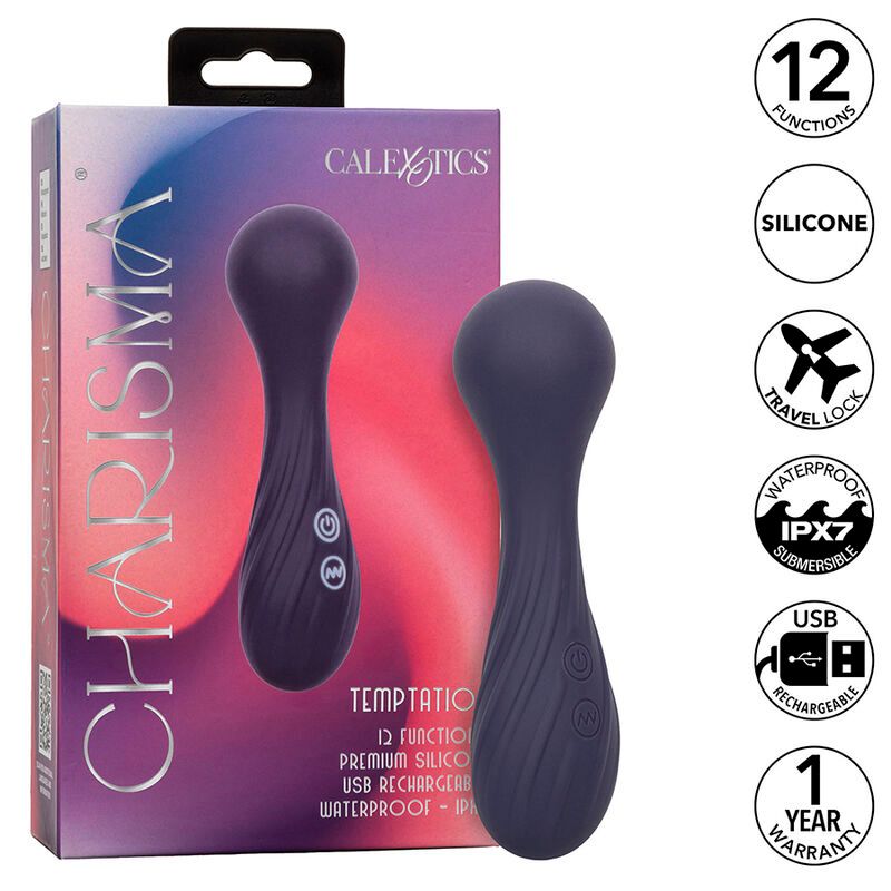 Verpackung mit zwei Vibrationsmassagern. Aufschrift 'CHARISMA' und 'CALEXOTICS'. Symbole für Funktionen, Silikon, wasserdicht und USB.
