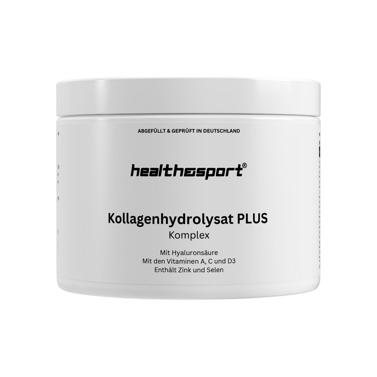 Weißer Behälter mit "health & sport" Logo und "Kollagenhydrolysat PLUS Komplex" Schriftzug. Enthält Vitamine und Mineralien.