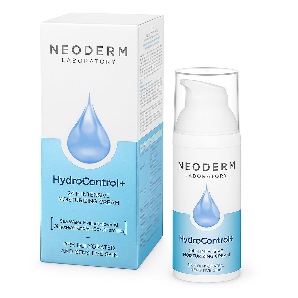 Weiße Flasche und Karton mit blauer Tropfen-Grafik. Aufschrift: NEODERM, HydroControl+, 24H Intensiv Feuchtigkeitscreme. Für trockene, dehydrierte und empfindliche Haut.